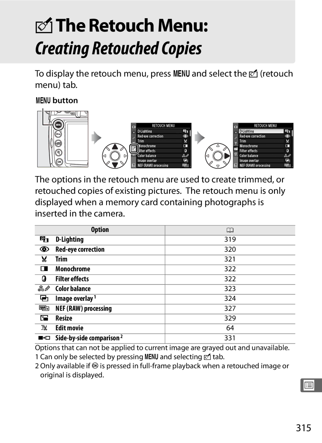 Nikon D300s manual NThe Retouch Menu, 315 