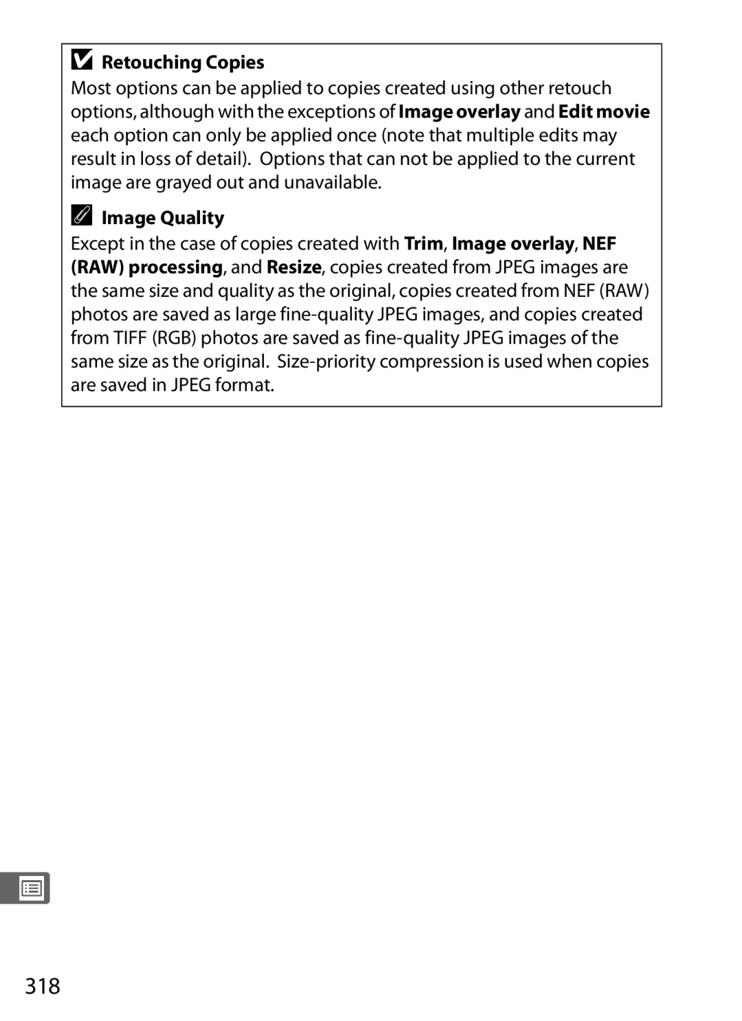 Nikon D300s manual 318, Retouching Copies, Image Quality 