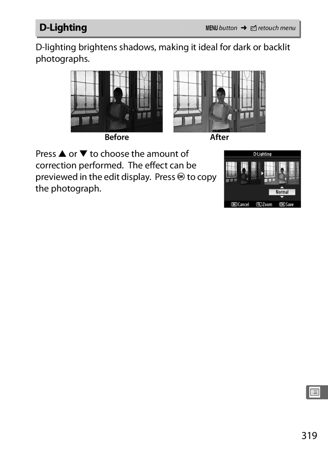 Nikon D300s manual Lighting, 319, BeforeAfter 