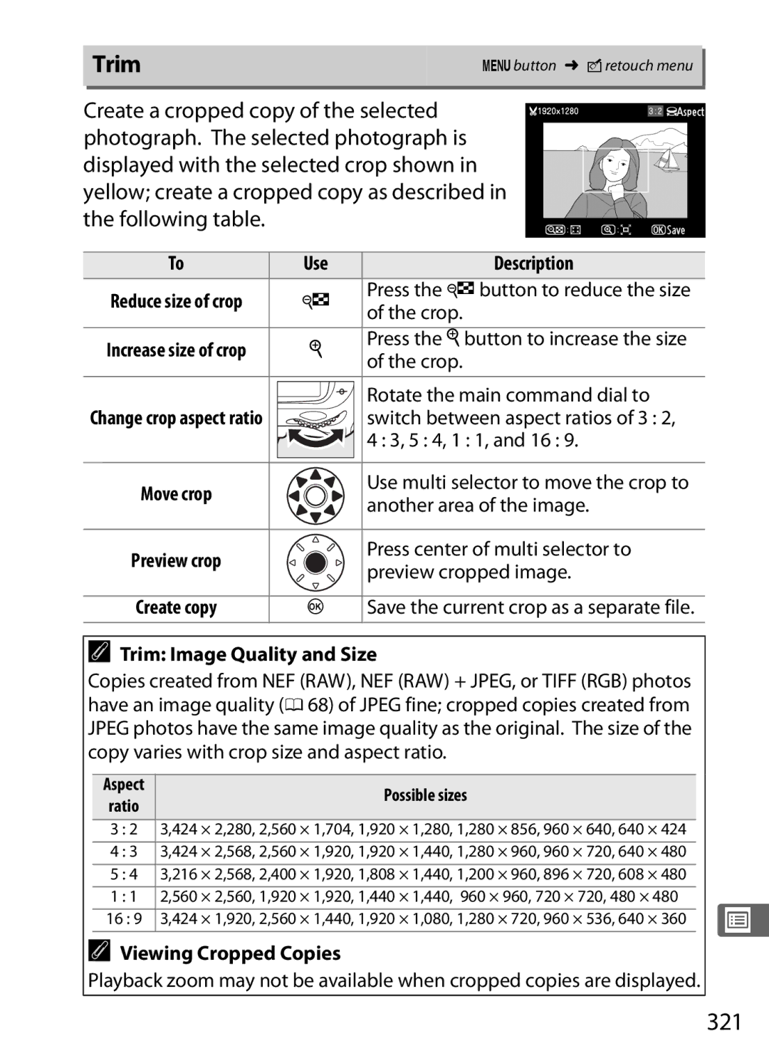 Nikon D300s manual 321, Trim Image Quality and Size, Viewing Cropped Copies 