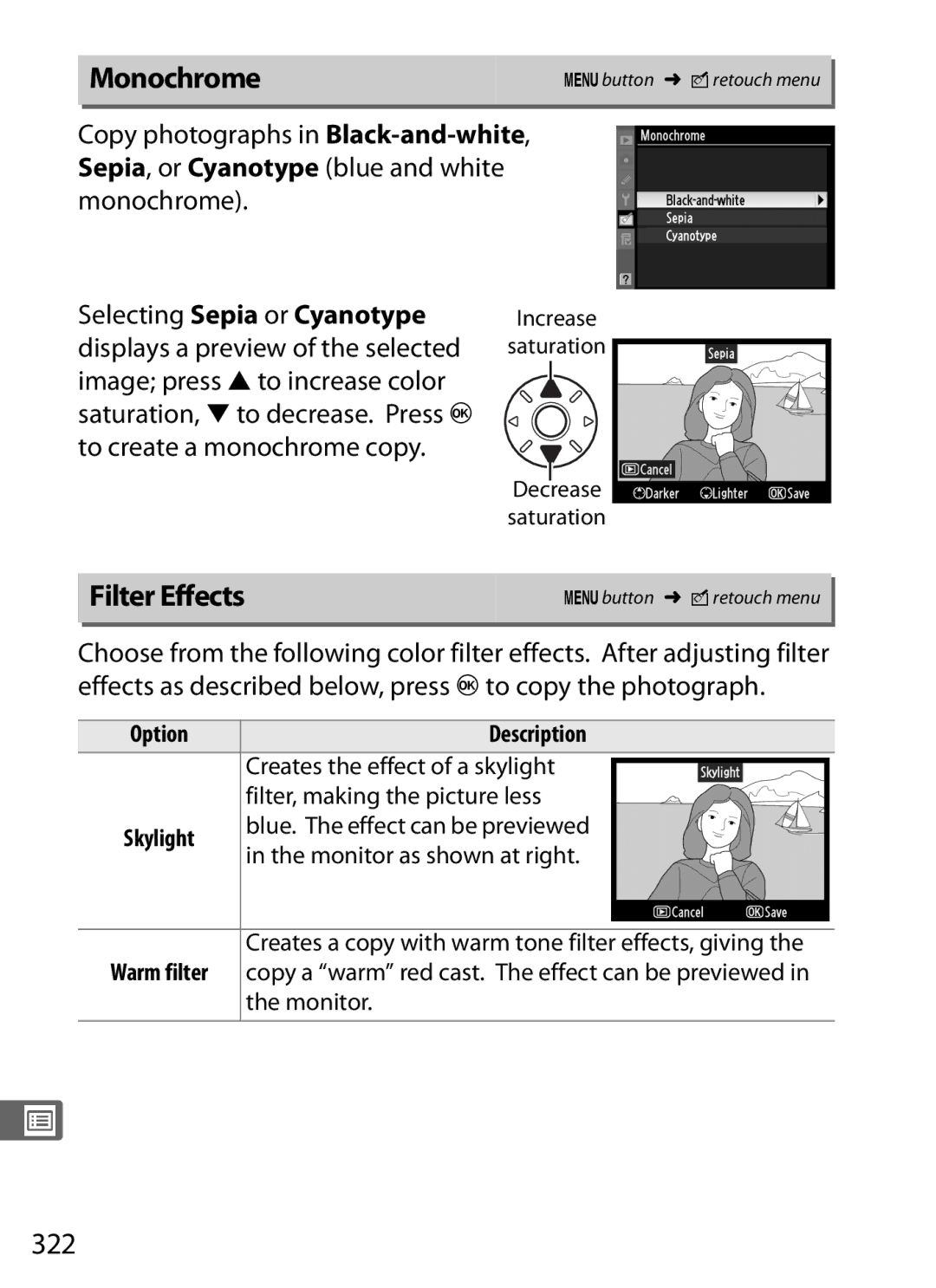 Nikon D300s manual Monochrome, Filter Effects, 322 