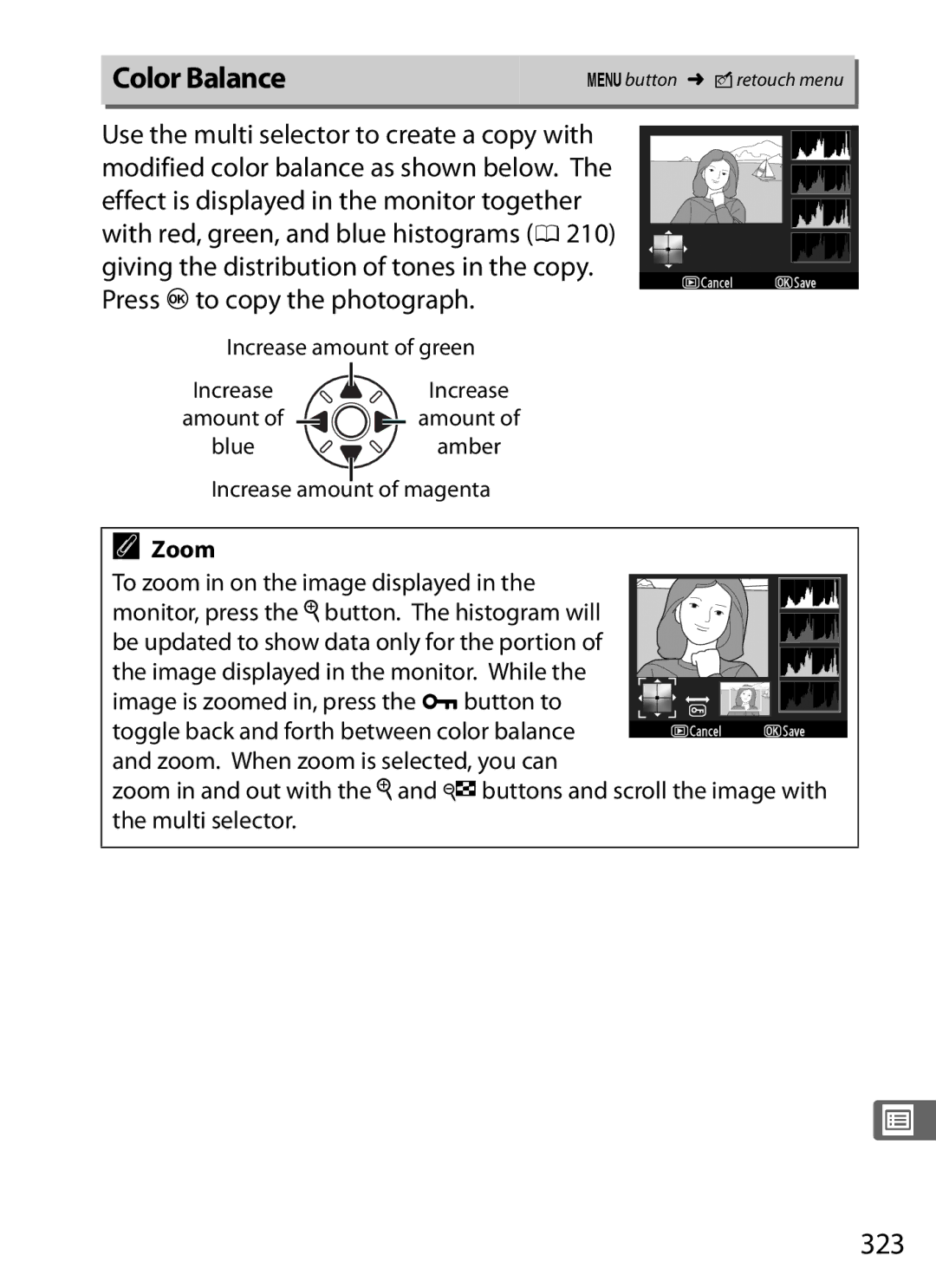 Nikon D300s manual Color Balance, 323, Zoom 