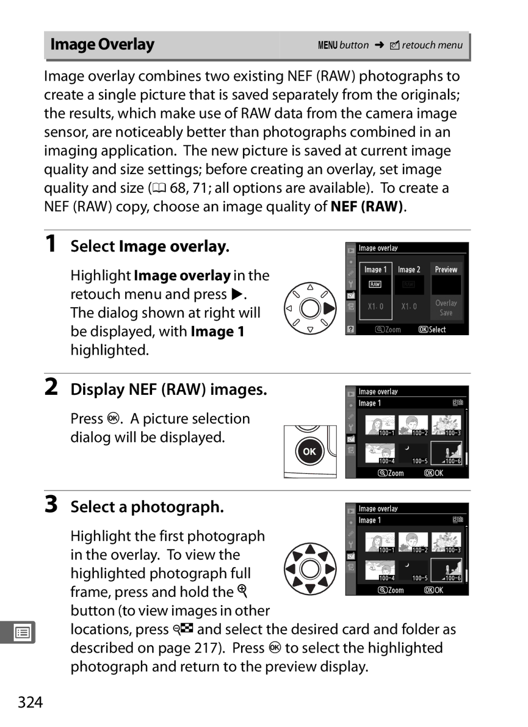 Nikon D300s manual Image Overlay, Select Image overlay, Display NEF RAW images, Select a photograph, 324 