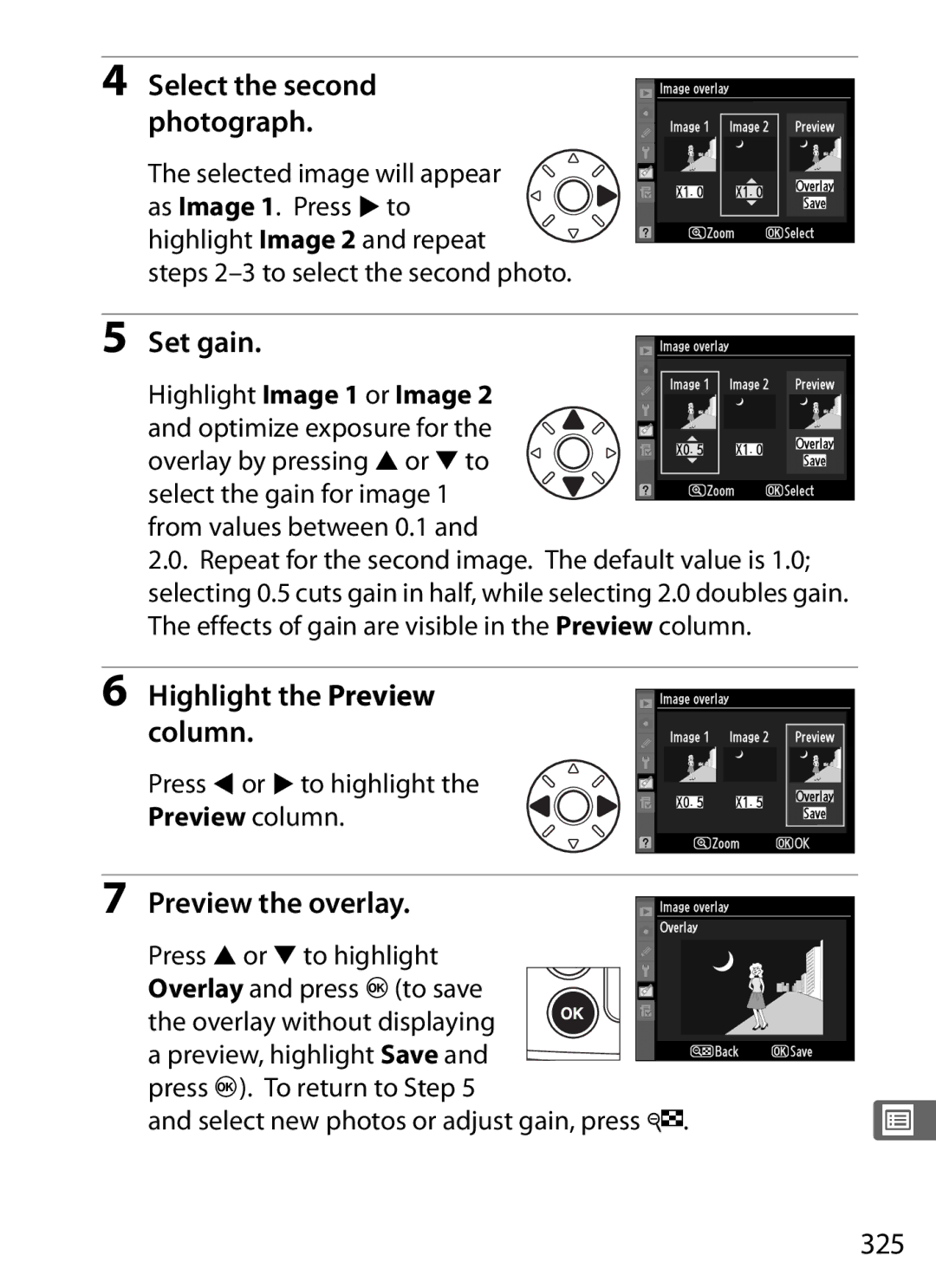 Nikon D300s manual Highlight the Preview column, Preview the overlay, 325 