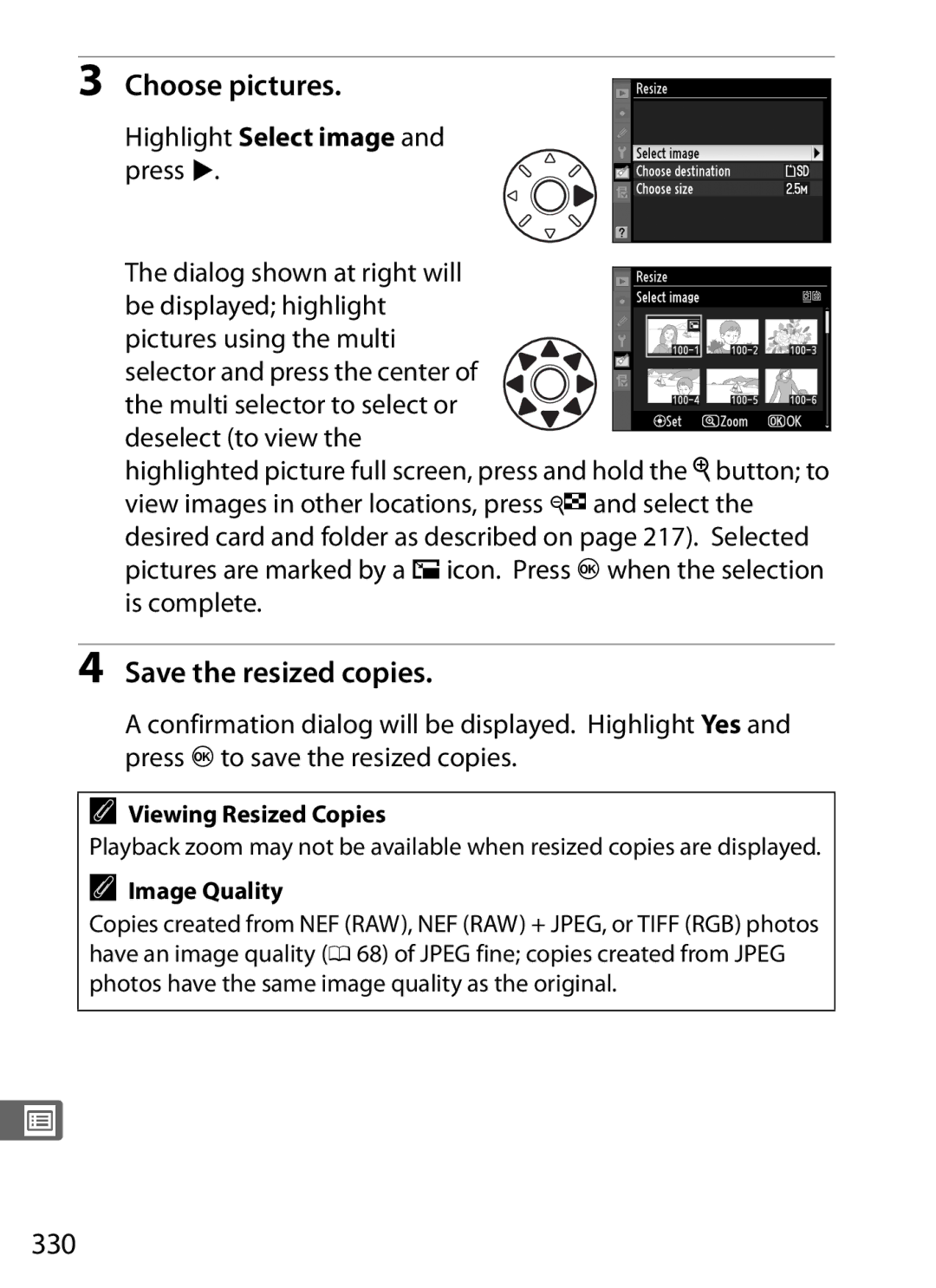 Nikon D300s manual Choose pictures, Save the resized copies, 330, Viewing Resized Copies 