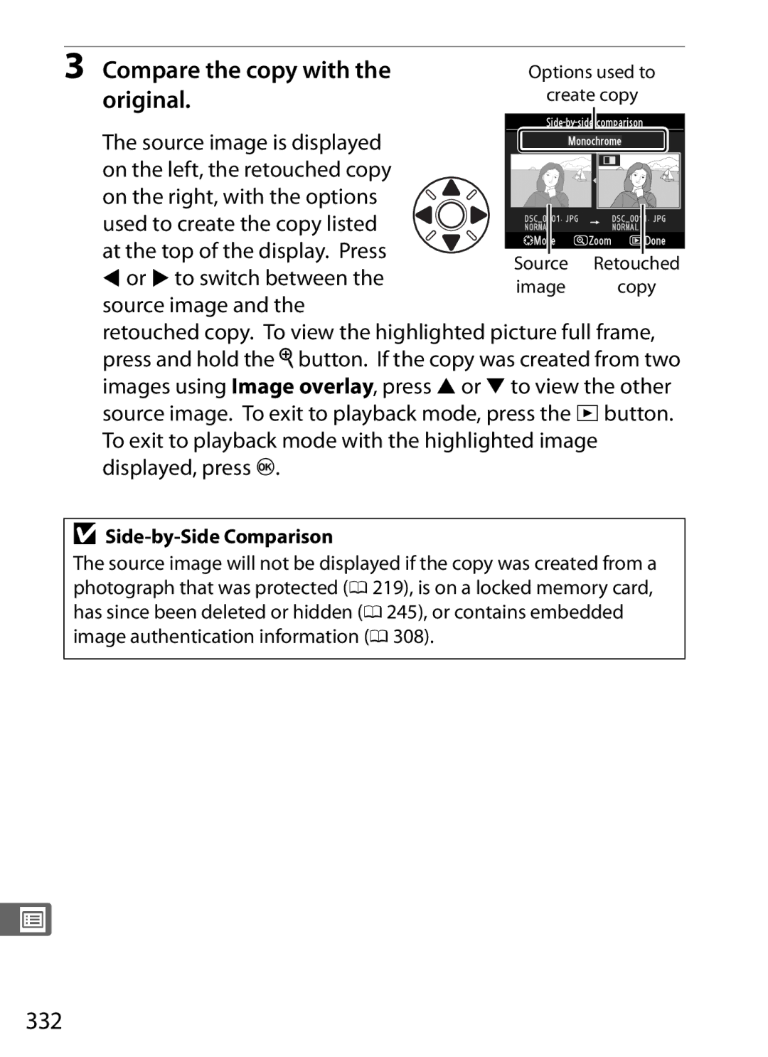 Nikon D300s manual Compare the copy with the original, 332, Source image is displayed on the left, the retouched copy 