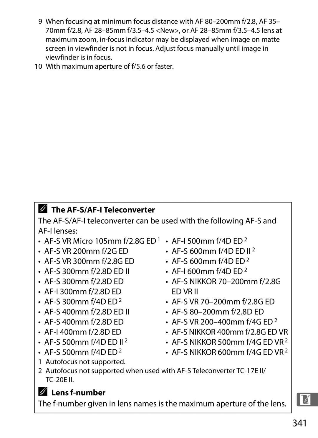 Nikon D300s manual 341, AF-S/AF-I Teleconverter, Lens f-number 