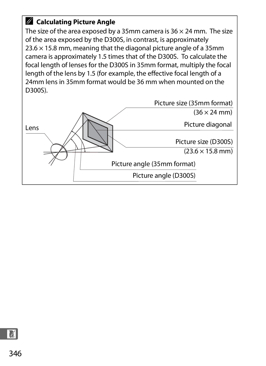 Nikon D300s manual 346, Calculating Picture Angle, Lens, Picture angle 35mm format Picture angle D300S 