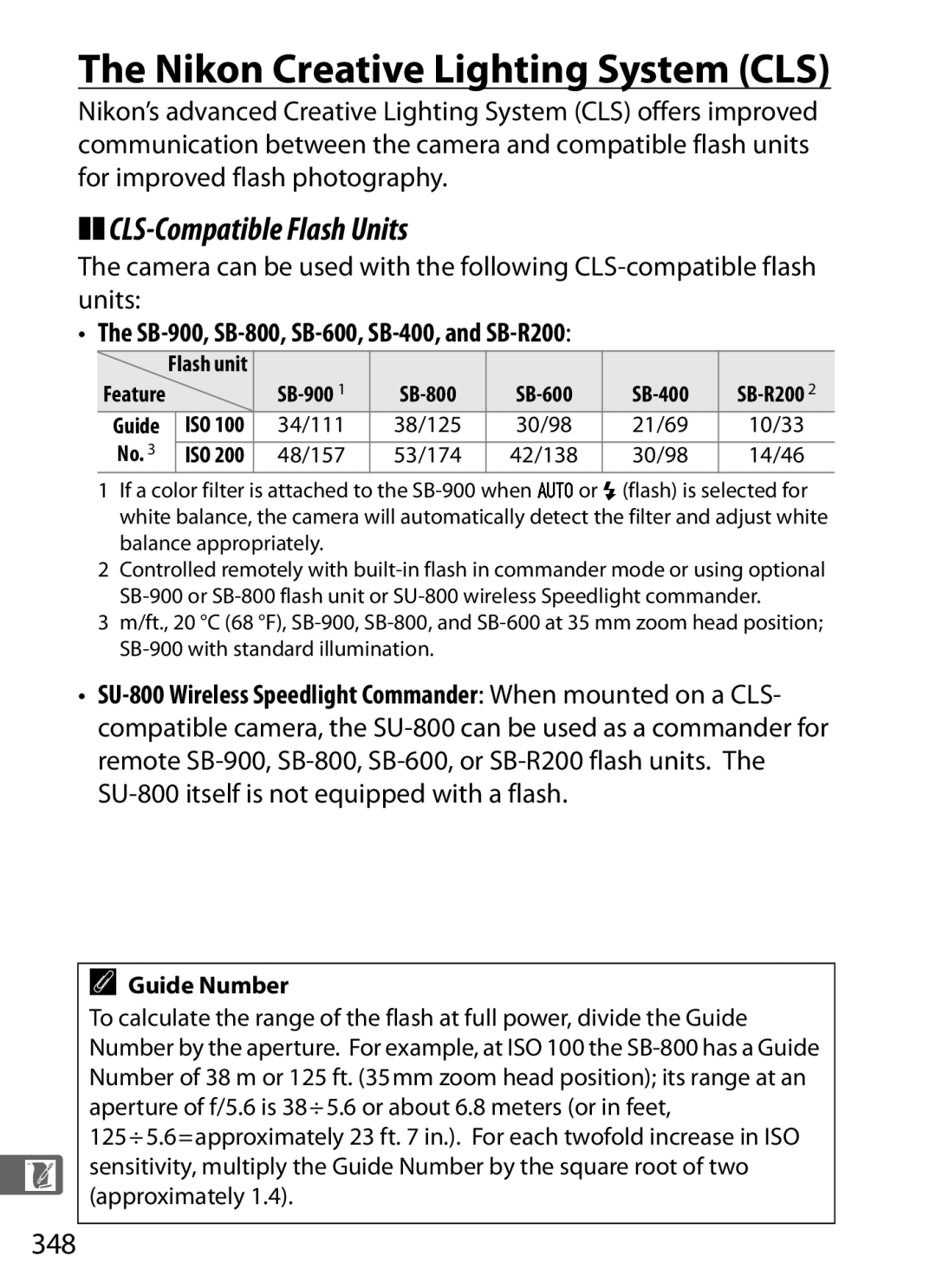 Nikon D300s manual Nikon Creative Lighting System CLS, CLS-Compatible Flash Units, 348, Guide Number 