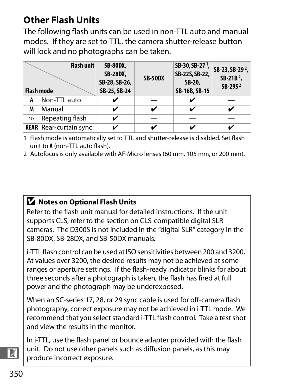 Nikon D300s manual 350, SB-80DX, Flash mode, Non-TTL auto Manual Repeating flash, Rear-curtain sync 