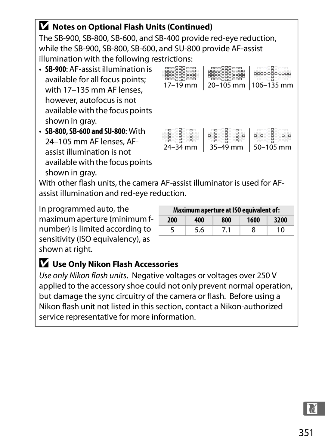 Nikon D300s manual 351, Use Only Nikon Flash Accessories, 200 400 800 1600 3200 