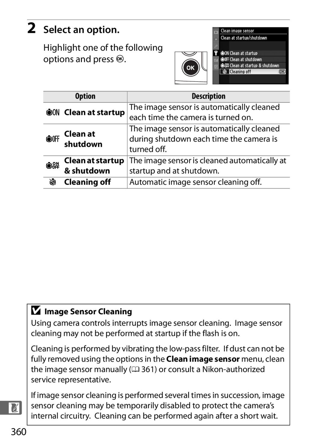 Nikon D300s manual Select an option, 360, Shutdown, Clean at startup 