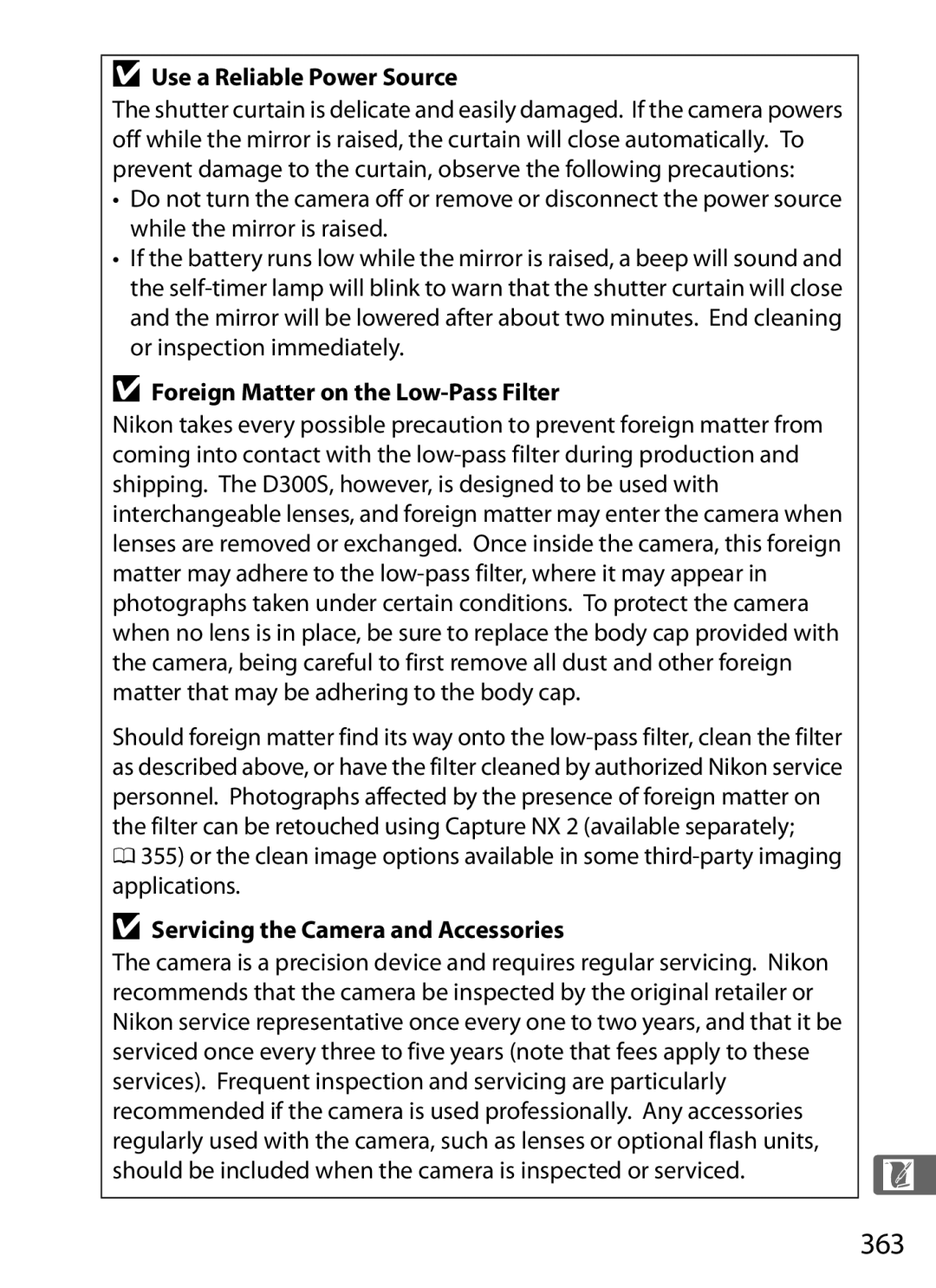 Nikon D300s manual 363, Use a Reliable Power Source, Foreign Matter on the Low-Pass Filter 