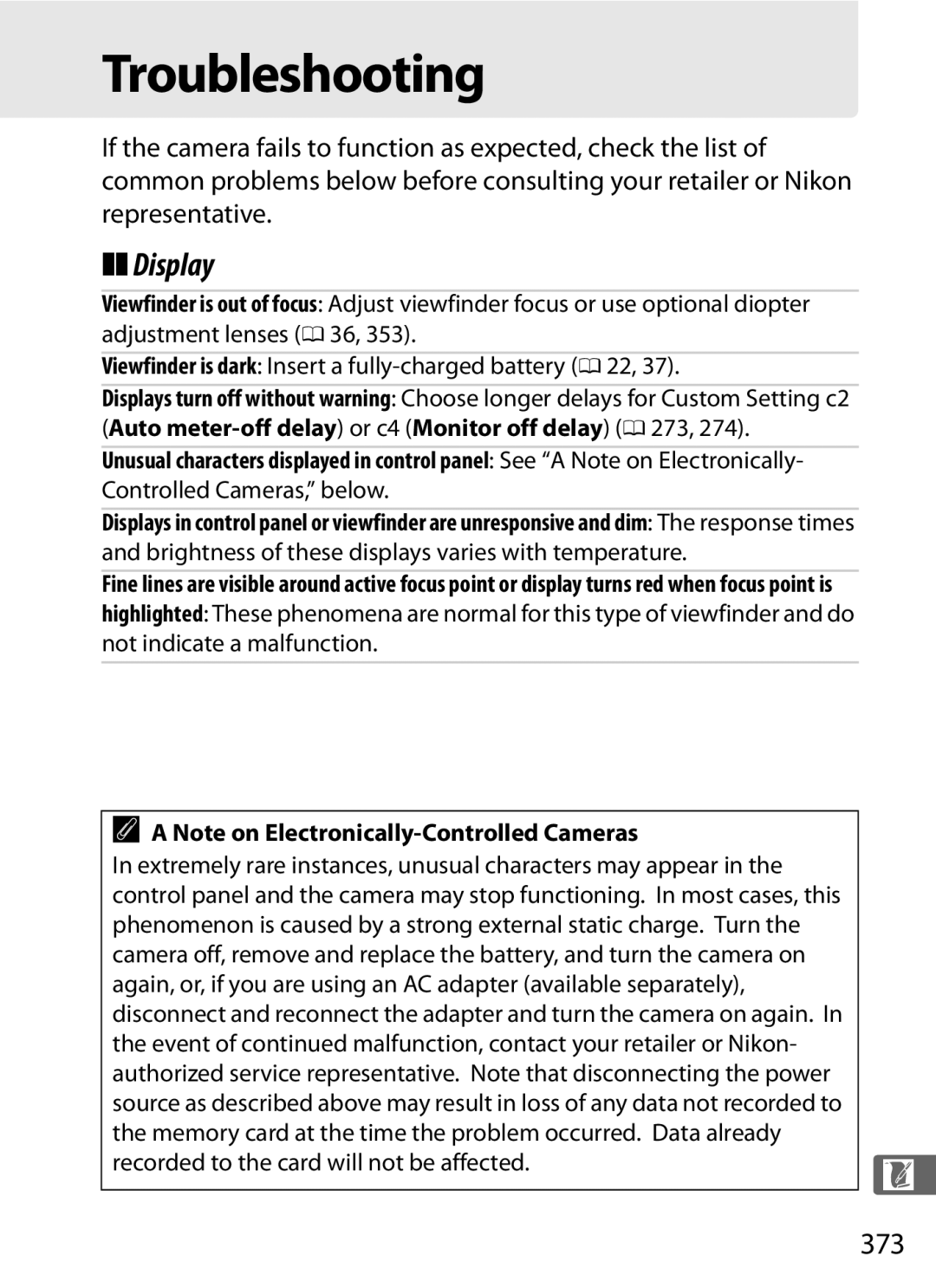 Nikon D300s manual Troubleshooting, Display, 373, Extremely rare instances, unusual characters may appear 