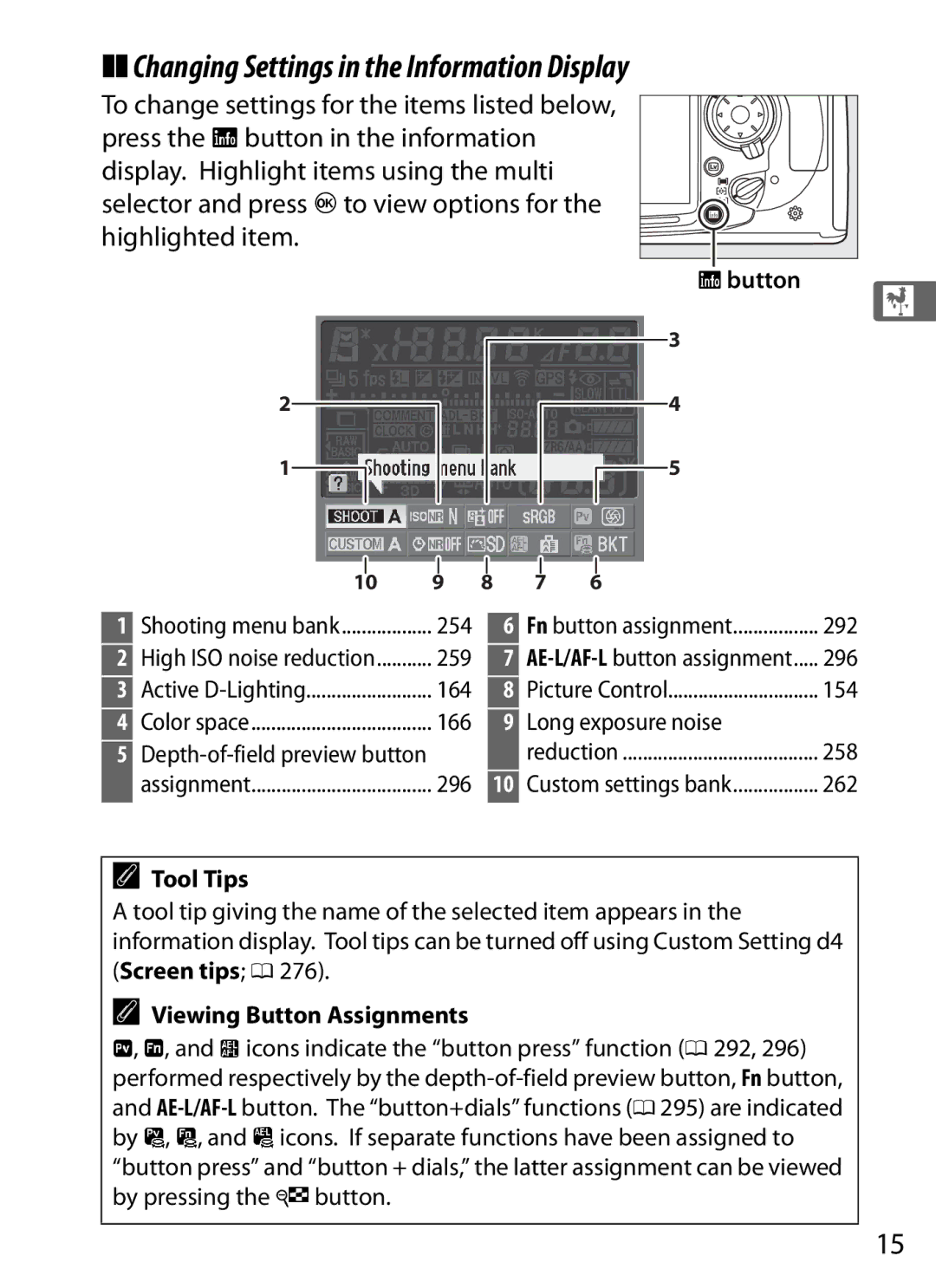 Nikon D300s manual Changing Settings in the Information Display, Rbutton, Tool Tips, Viewing Button Assignments 