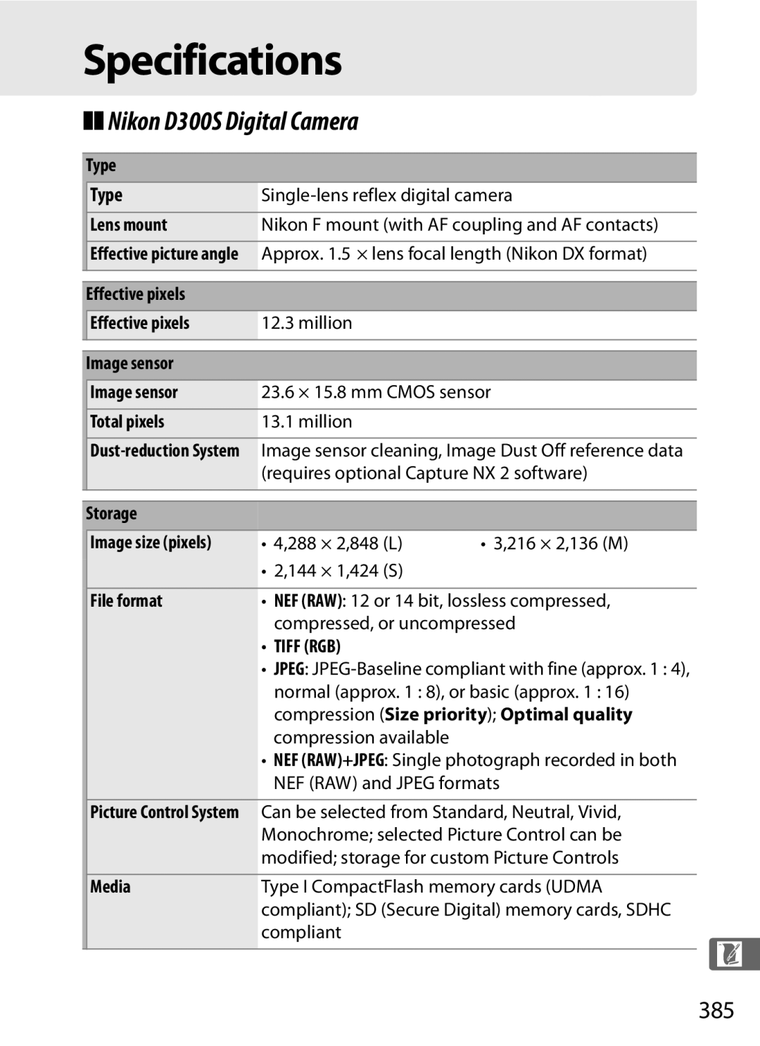 Nikon D300s manual Specifications, Nikon D300S Digital Camera, 385, Type 