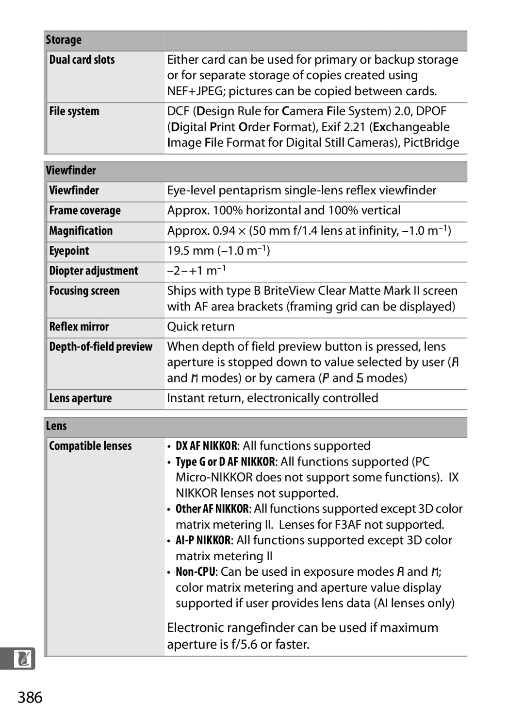 Nikon D300s manual 386, Electronic rangefinder can be used if maximum, Aperture is f/5.6 or faster 