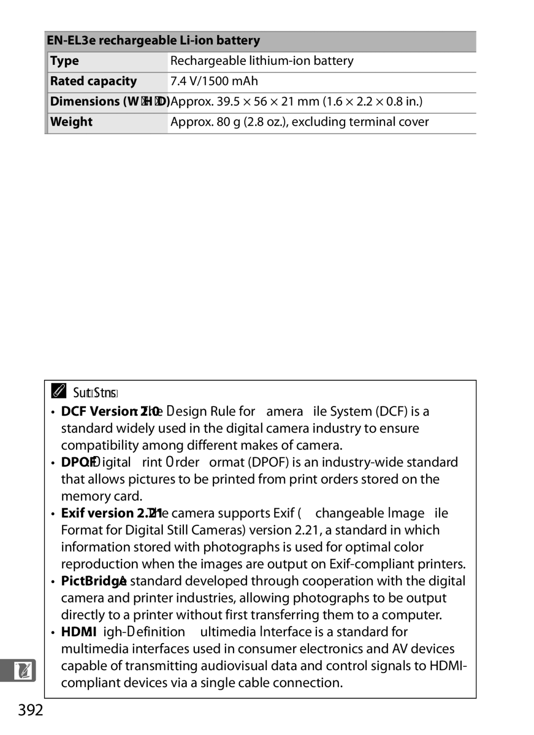 Nikon D300s manual 392, Supported Standards, EN-EL3e rechargeable Li-ion battery Type, Rated capacity 