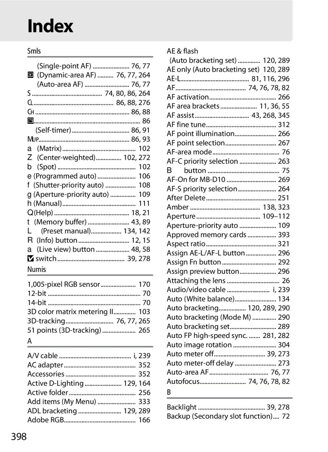 Nikon D300s manual Index, 398, Symbols, Numerics 