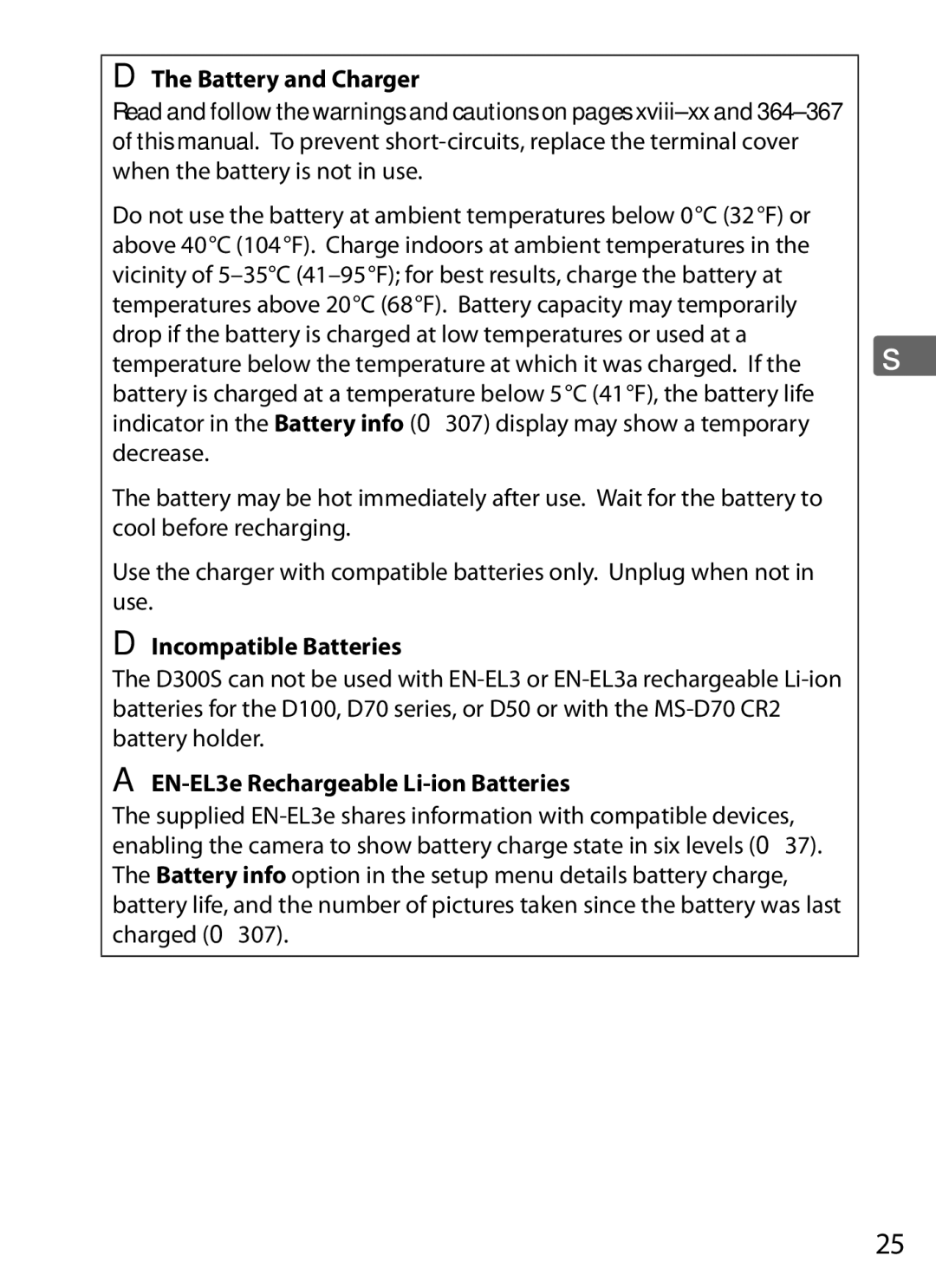 Nikon D300s manual Battery and Charger, When the battery is not in use, Incompatible Batteries 