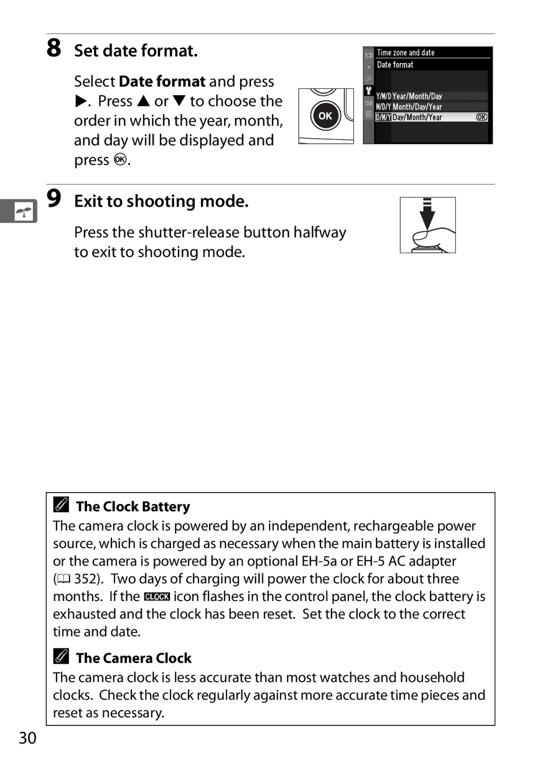 Nikon D300s manual Set date format, Exit to shooting mode, Clock Battery, Camera Clock 