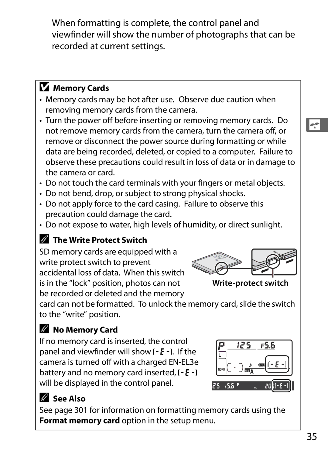 Nikon D300s manual Memory Cards, Write Protect Switch, No Memory Card 