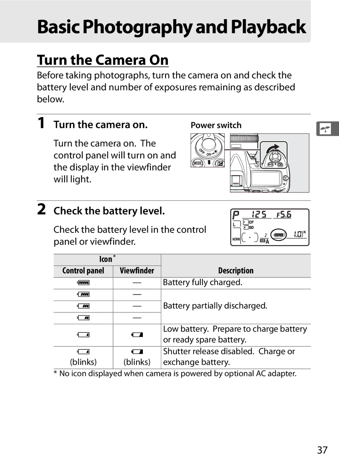 Nikon D300s manual Turn the Camera On, Check the battery level in the control panel or viewfinder, Description 