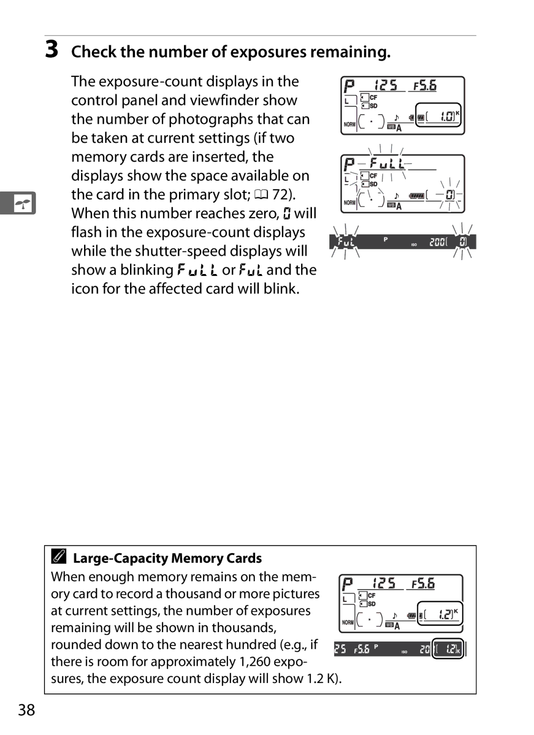 Nikon D300s manual Check the number of exposures remaining, Large-Capacity Memory Cards 