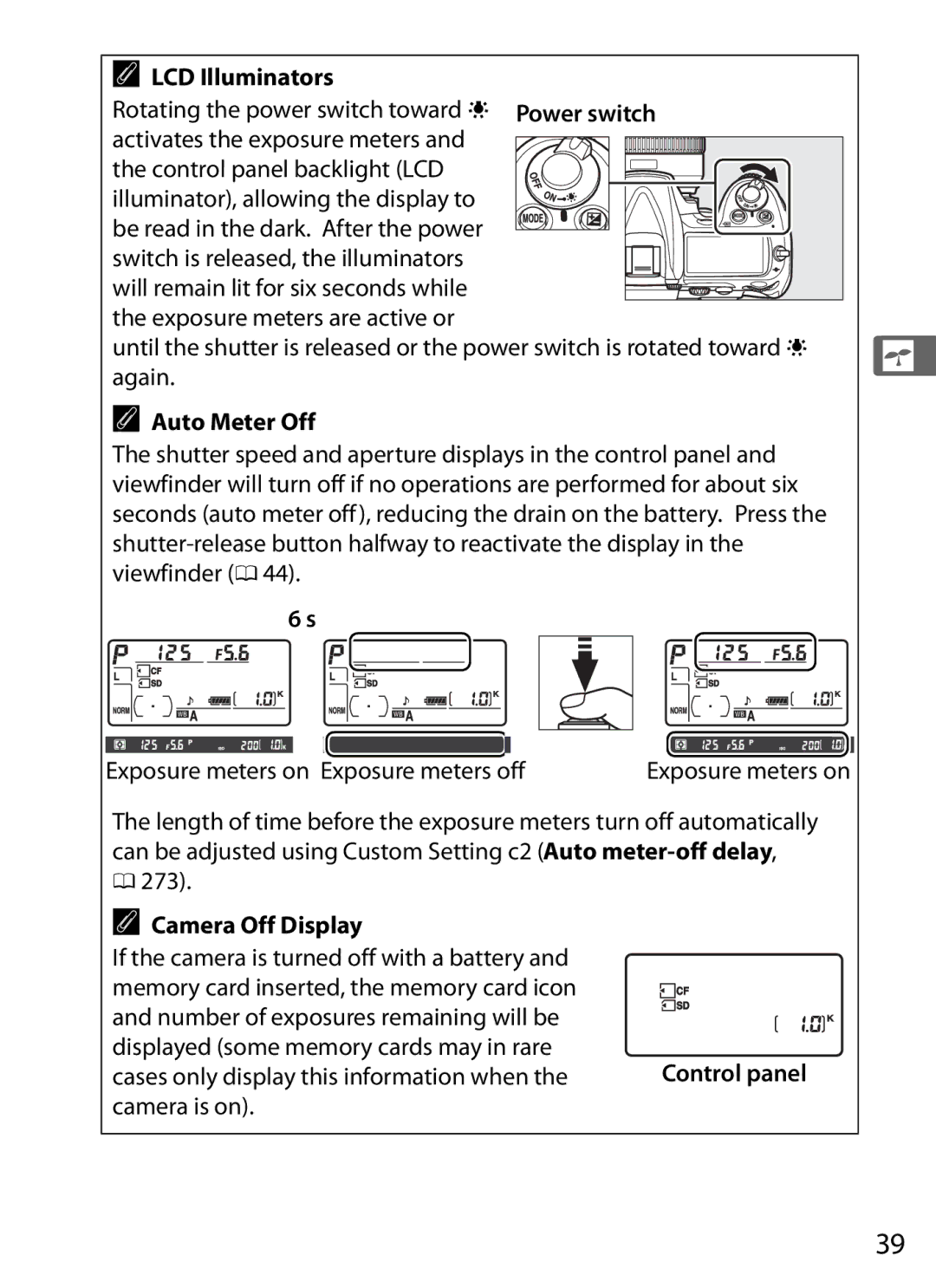 Nikon D300s manual LCD Illuminators, Auto Meter Off, Camera Off Display 