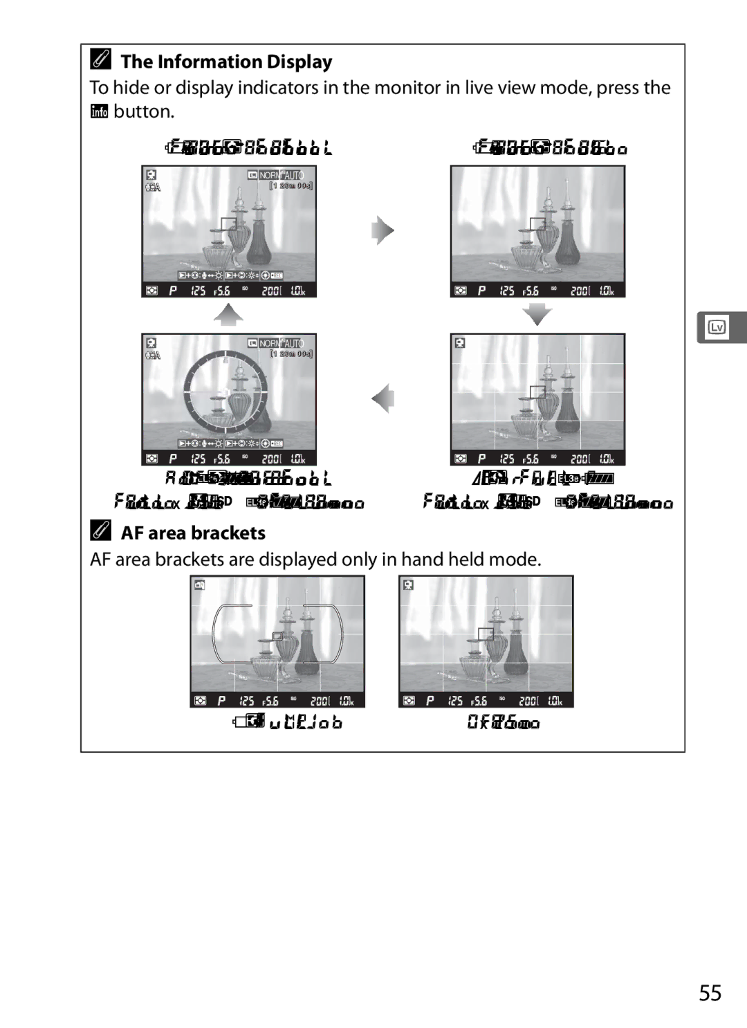 Nikon D300s manual Button, AF area brackets are displayed only in hand held mode, Hand-heldTripod 