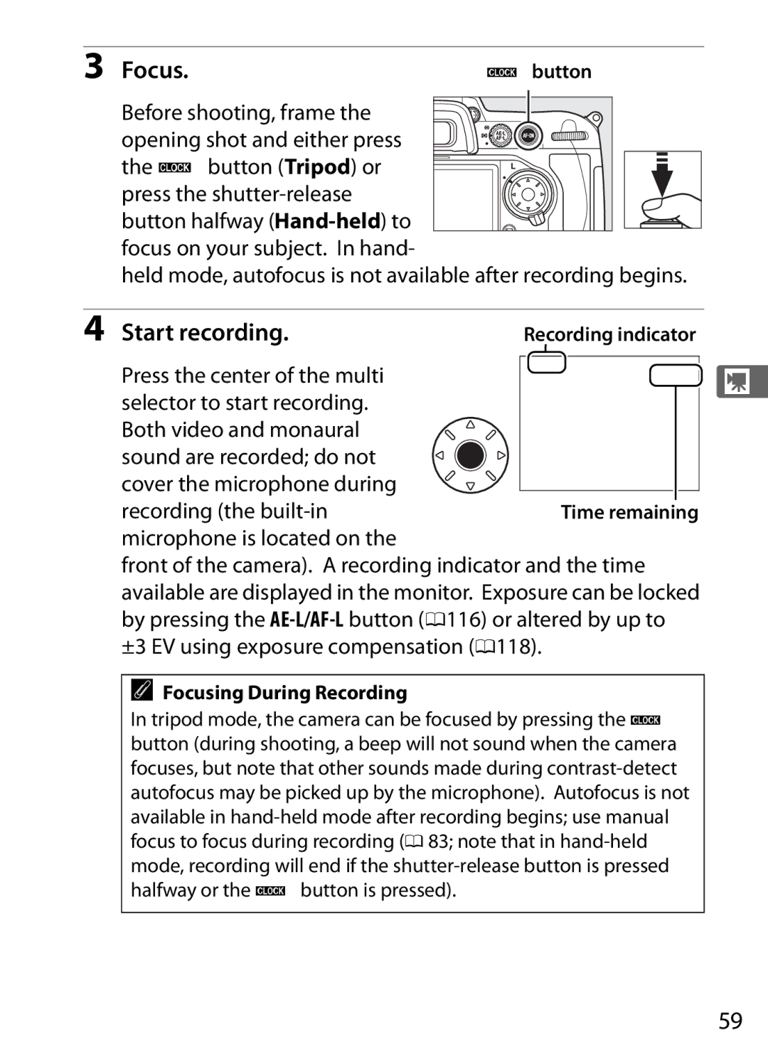 Nikon D300s manual Focus.Bbutton, Start recording, Focusing During Recording 