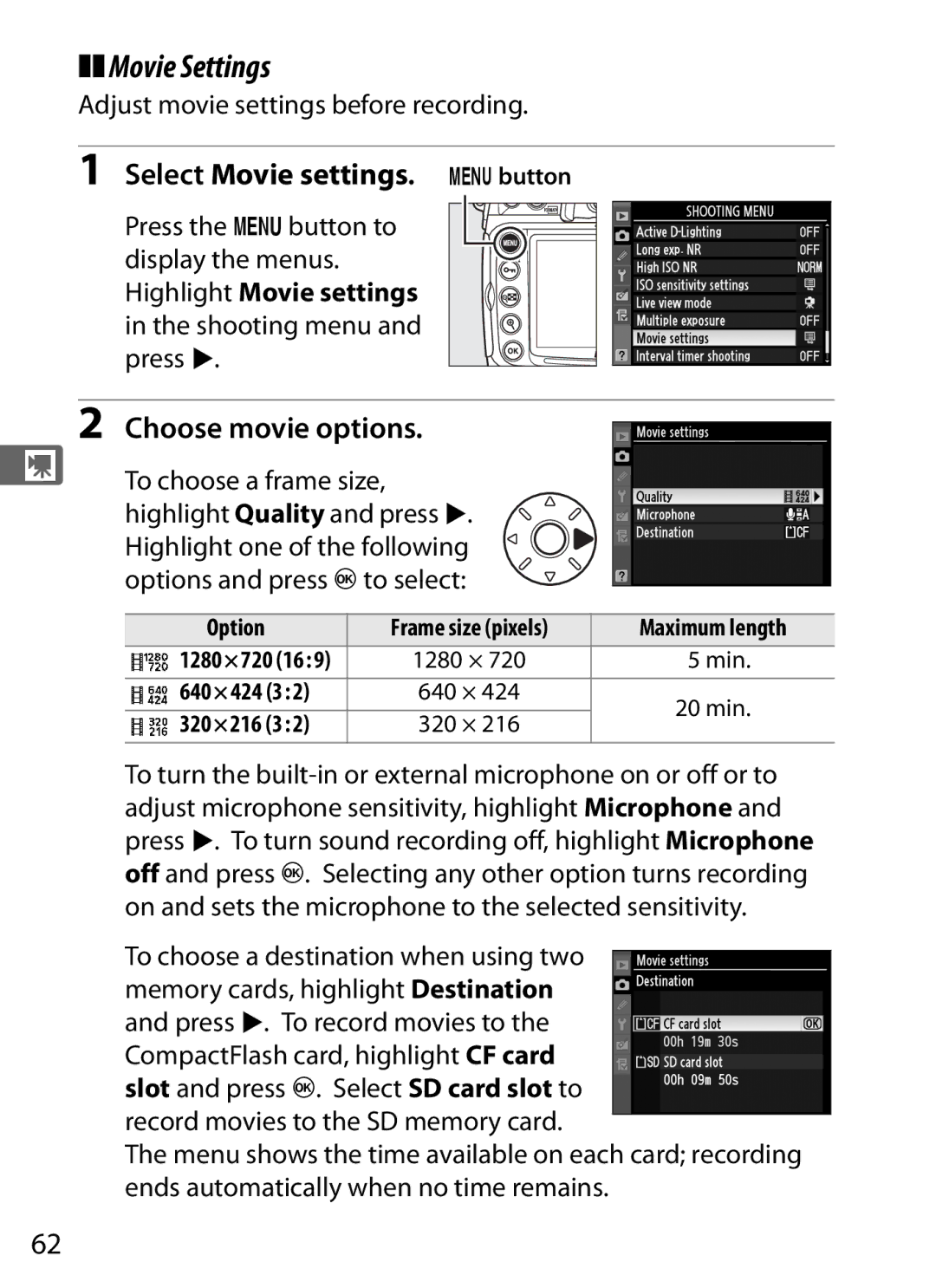 Nikon D300s Movie Settings, Select Movie settings. Gbutton, Choose movie options, Adjust movie settings before recording 