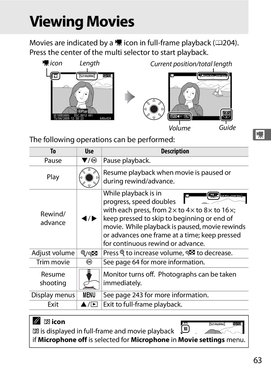 Nikon D300s manual Viewing Movies, 2icon, Is displayed in full-frame and movie playback 