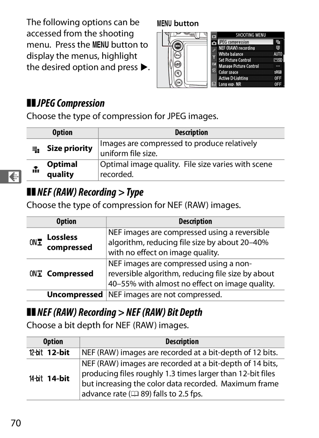 Nikon D300s manual Jpeg Compression, NEF RAW Recording Type, NEF RAW Recording NEF RAW Bit Depth 