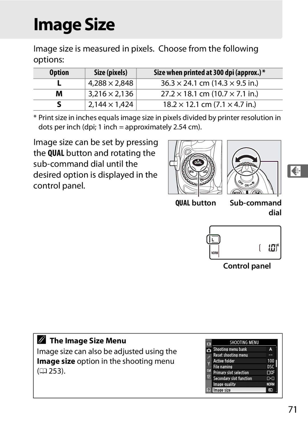 Nikon D300s manual Qual button Sub-command dial Control panel Image Size Menu 