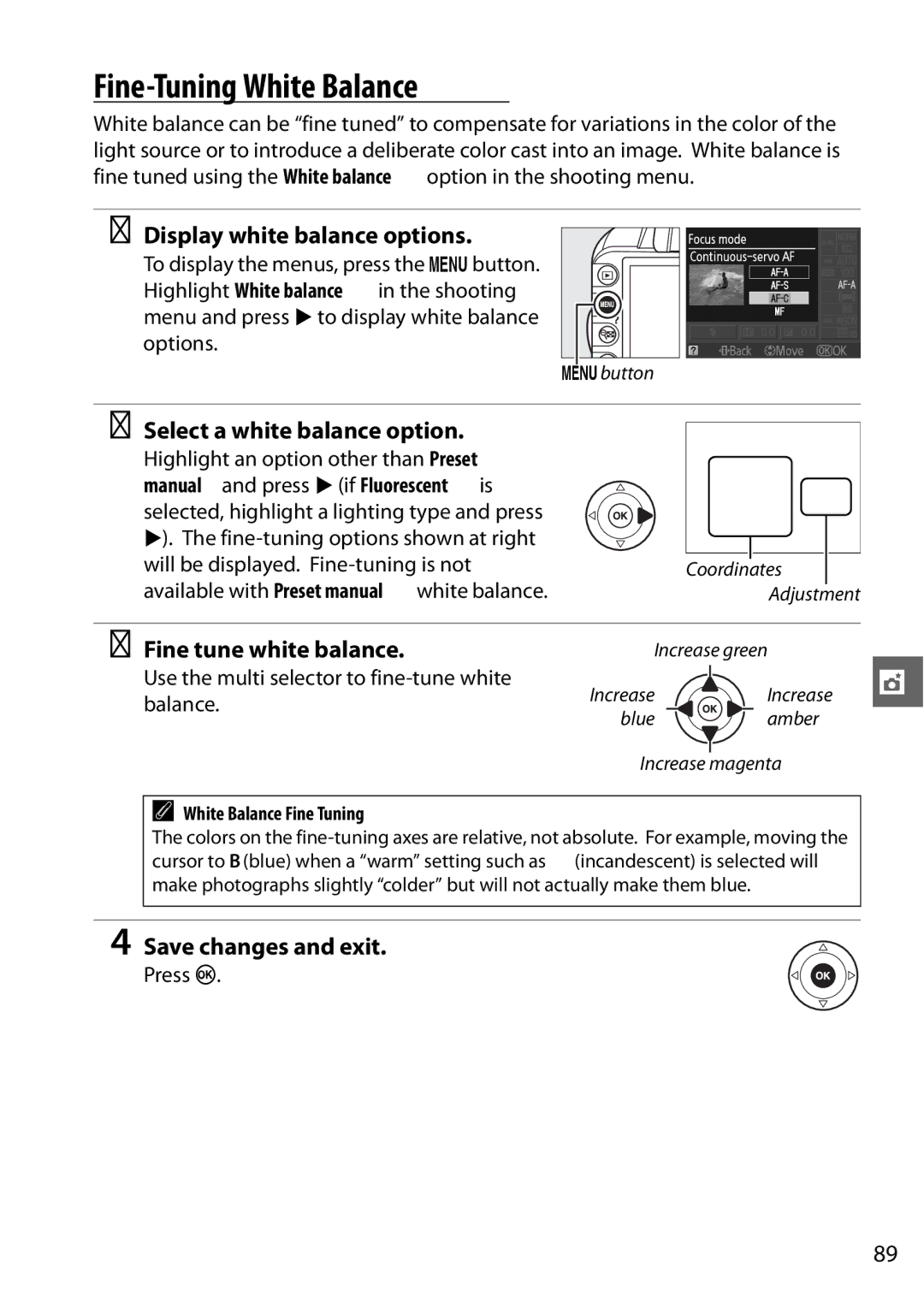 Nikon D3100 2 Fine-Tuning White Balance, Select a white balance option, Fine tune white balance, Save changes and exit 