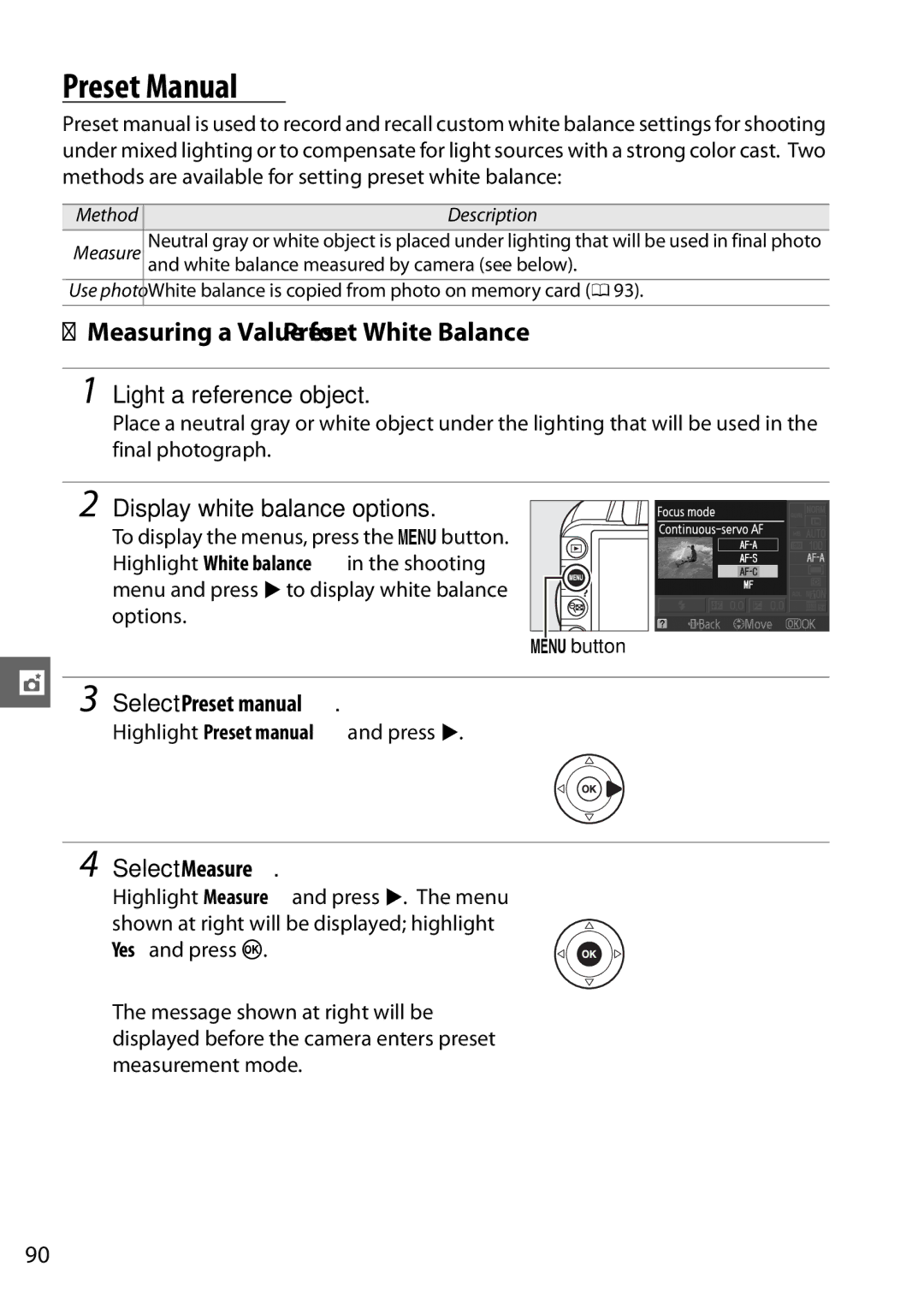 Nikon D3100 2 Preset Manual, Measuring a Value for Preset White Balance, Light a reference object, Select Preset manual 