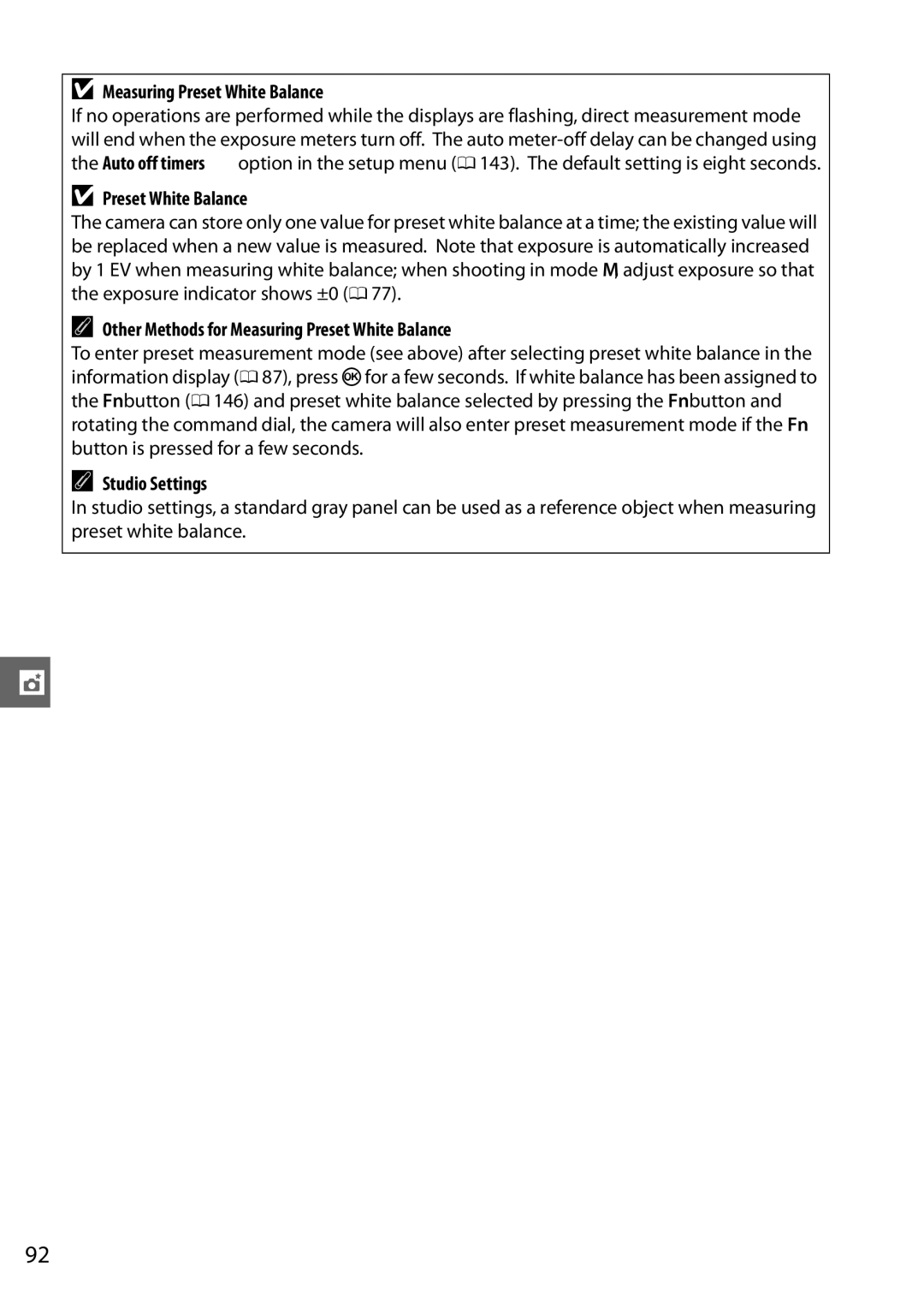 Nikon D3100 2 manual Other Methods for Measuring Preset White Balance, Studio Settings 