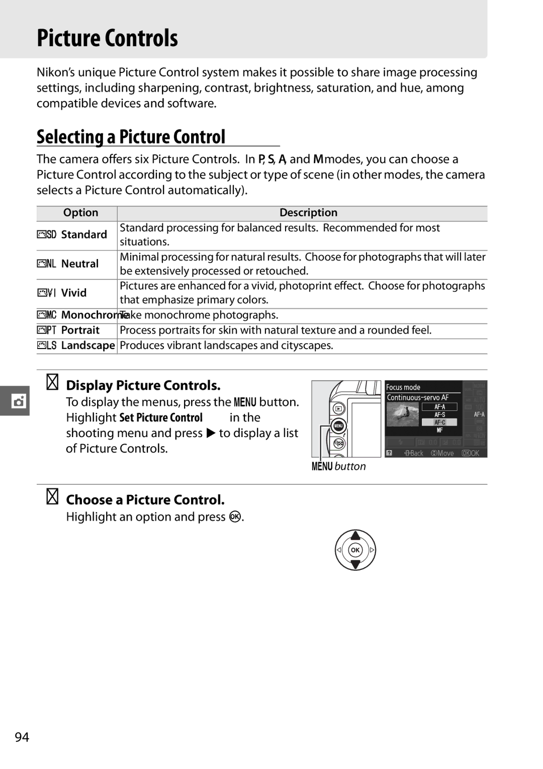 Nikon D3100 2 manual Selecting a Picture Control, Display Picture Controls, Choose a Picture Control 