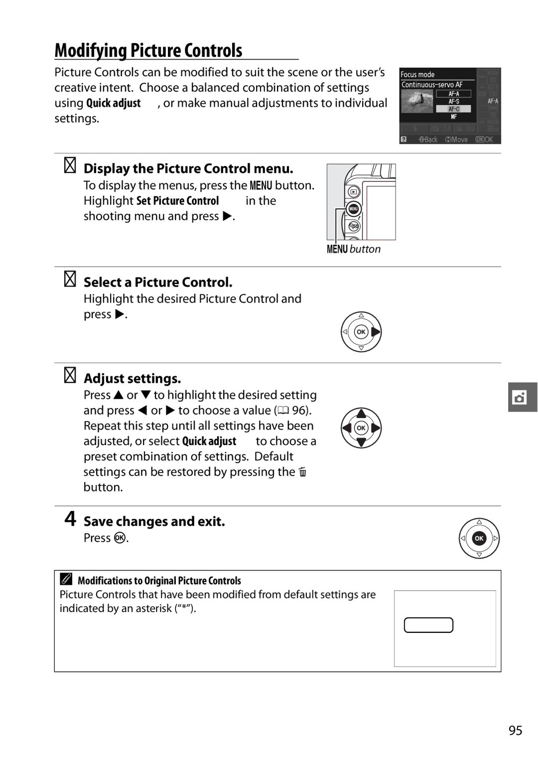 Nikon D3100 2 Modifying Picture Controls, Display the Picture Control menu, Select a Picture Control, Adjust settings 