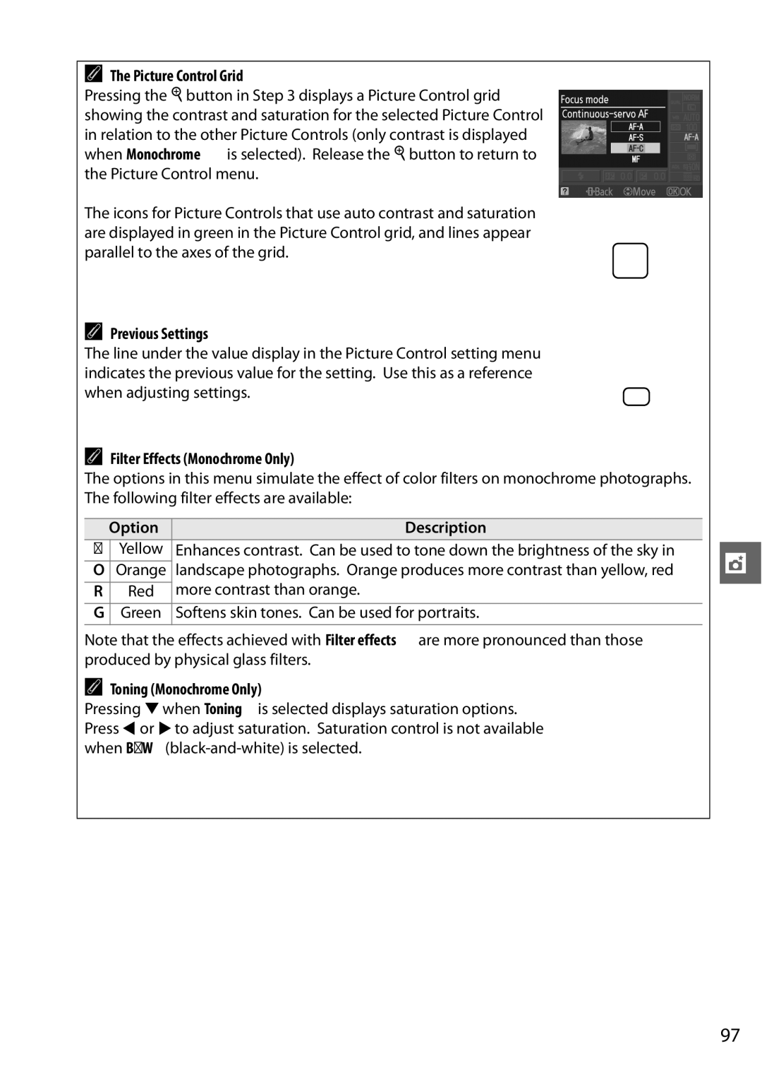 Nikon D3100 2 manual Picture Control Grid, Previous Settings, Filter Effects Monochrome Only, Option Description Yellow 