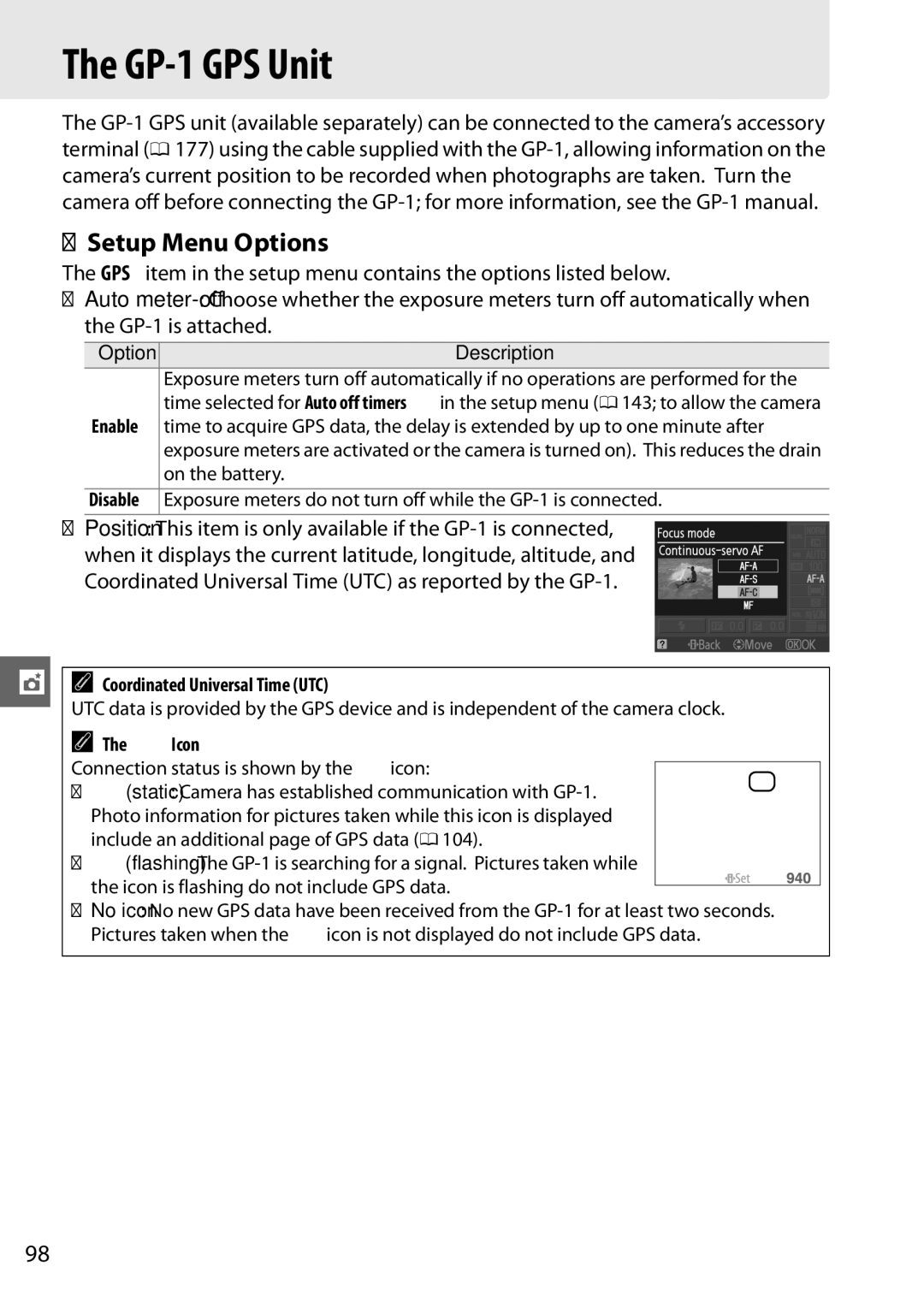 Nikon D3100 2 manual GP-1 GPS Unit, Setup Menu Options 