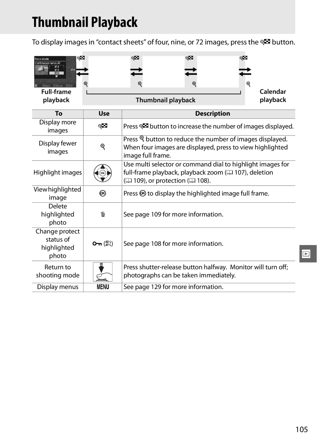 Nikon D3100 2 manual Thumbnail Playback, 105 