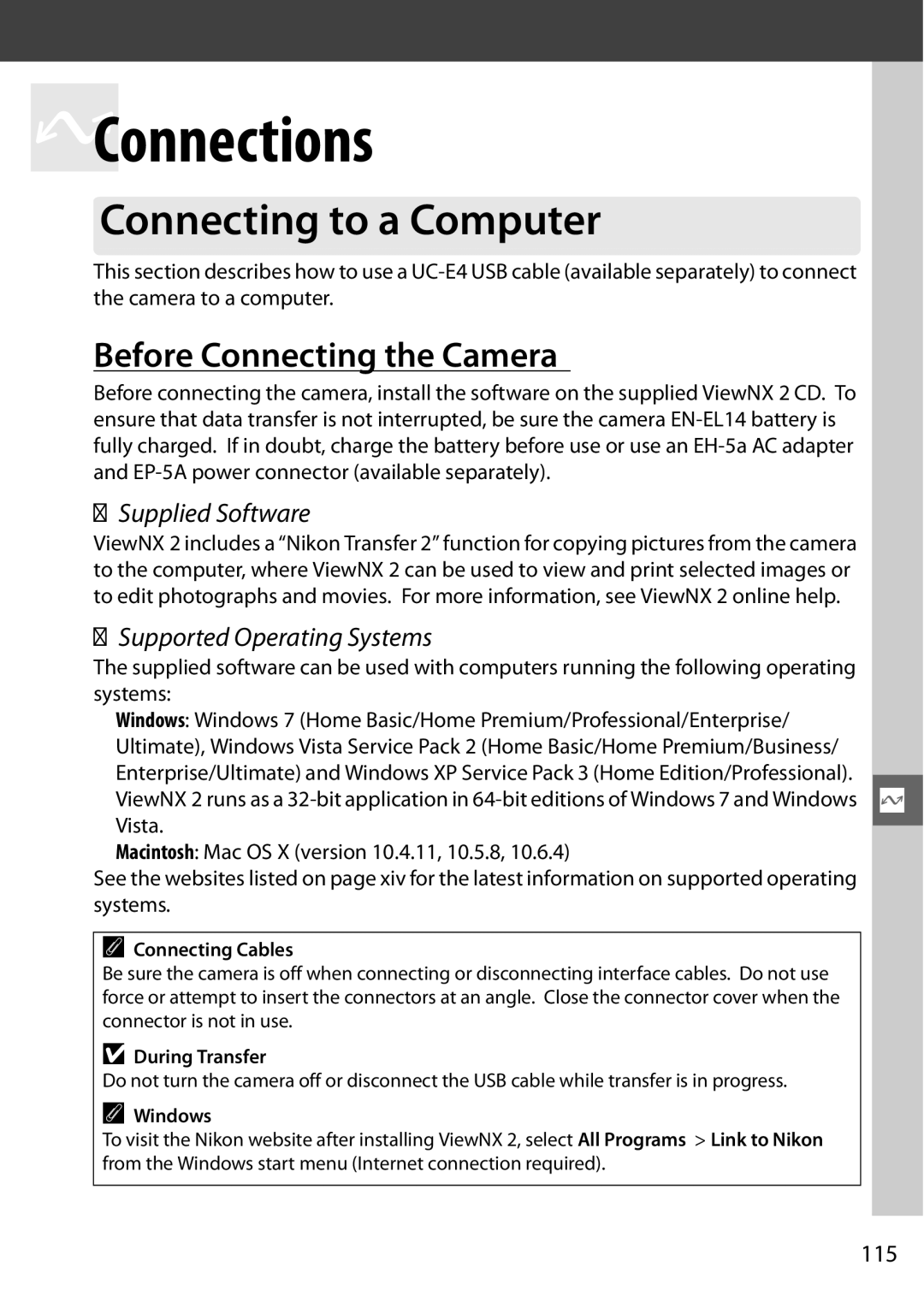 Nikon D3100 2 Connecting to a Computer, Before Connecting the Camera, Supplied Software, Supported Operating Systems, 115 