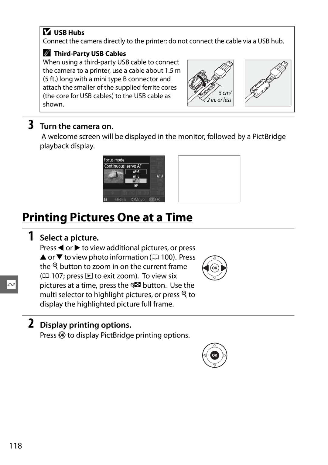 Nikon D3100 2 manual Printing Pictures One at a Time, Select a picture, Display printing options, 118 