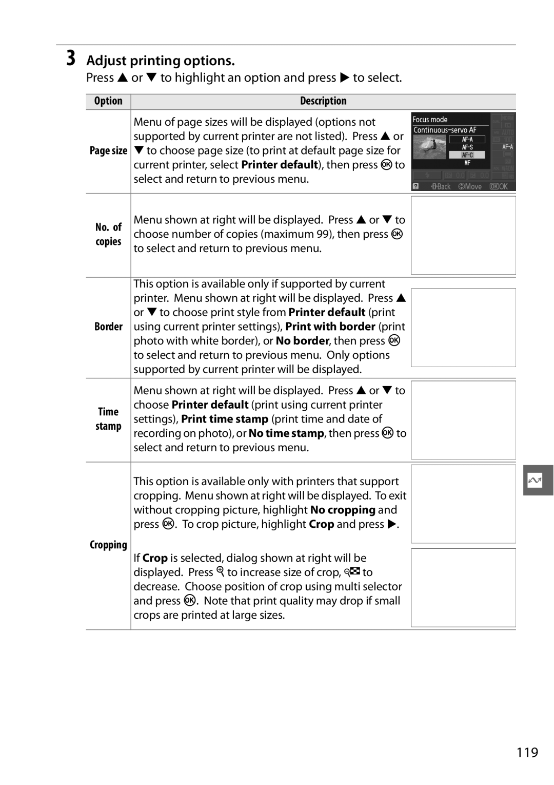 Nikon D3100 2 manual Adjust printing options, 119, Press 1 or 3 to highlight an option and press 2 to select, No 