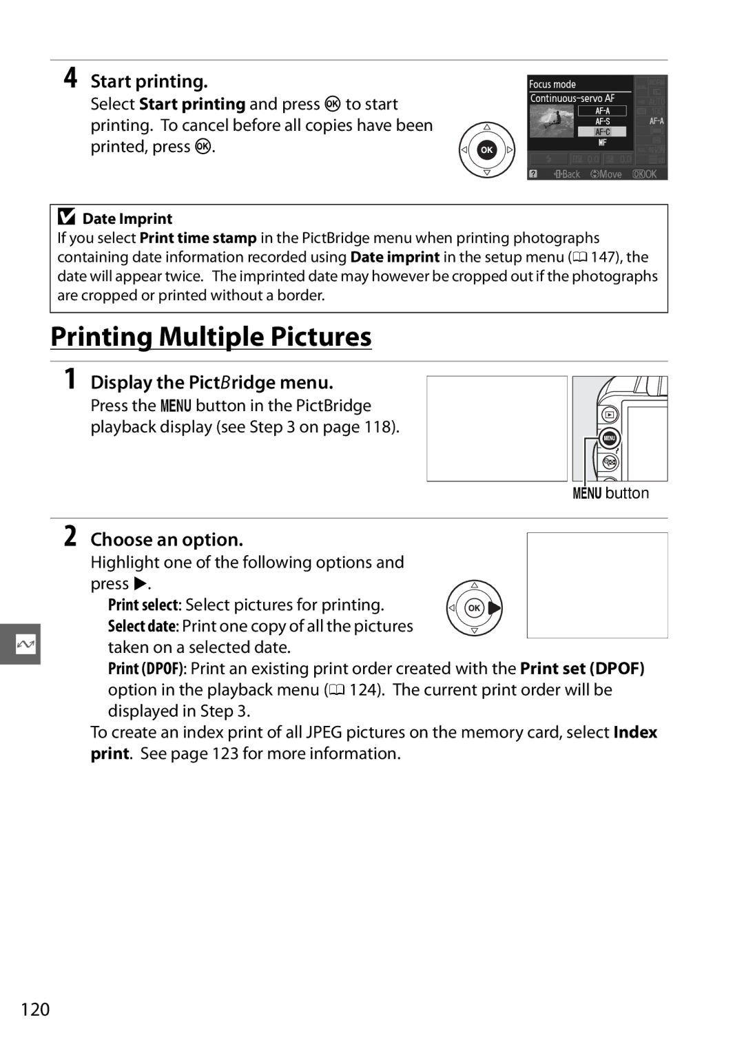 Nikon D3100 2 manual Printing Multiple Pictures, Start printing, Display the PictBridge menu, 120 