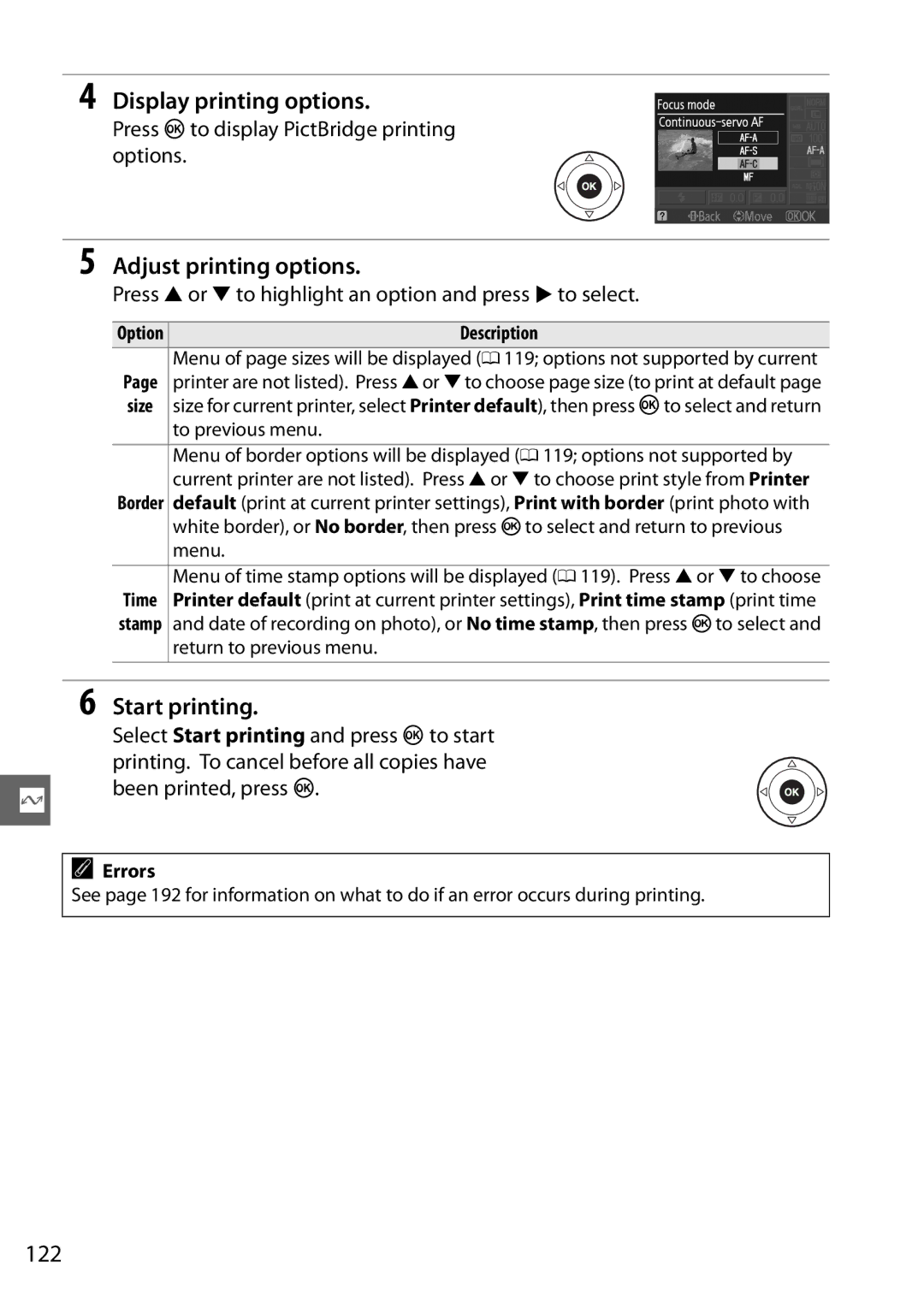 Nikon D3100 2 manual 122, To previous menu, Menu, Return to previous menu, Errors 