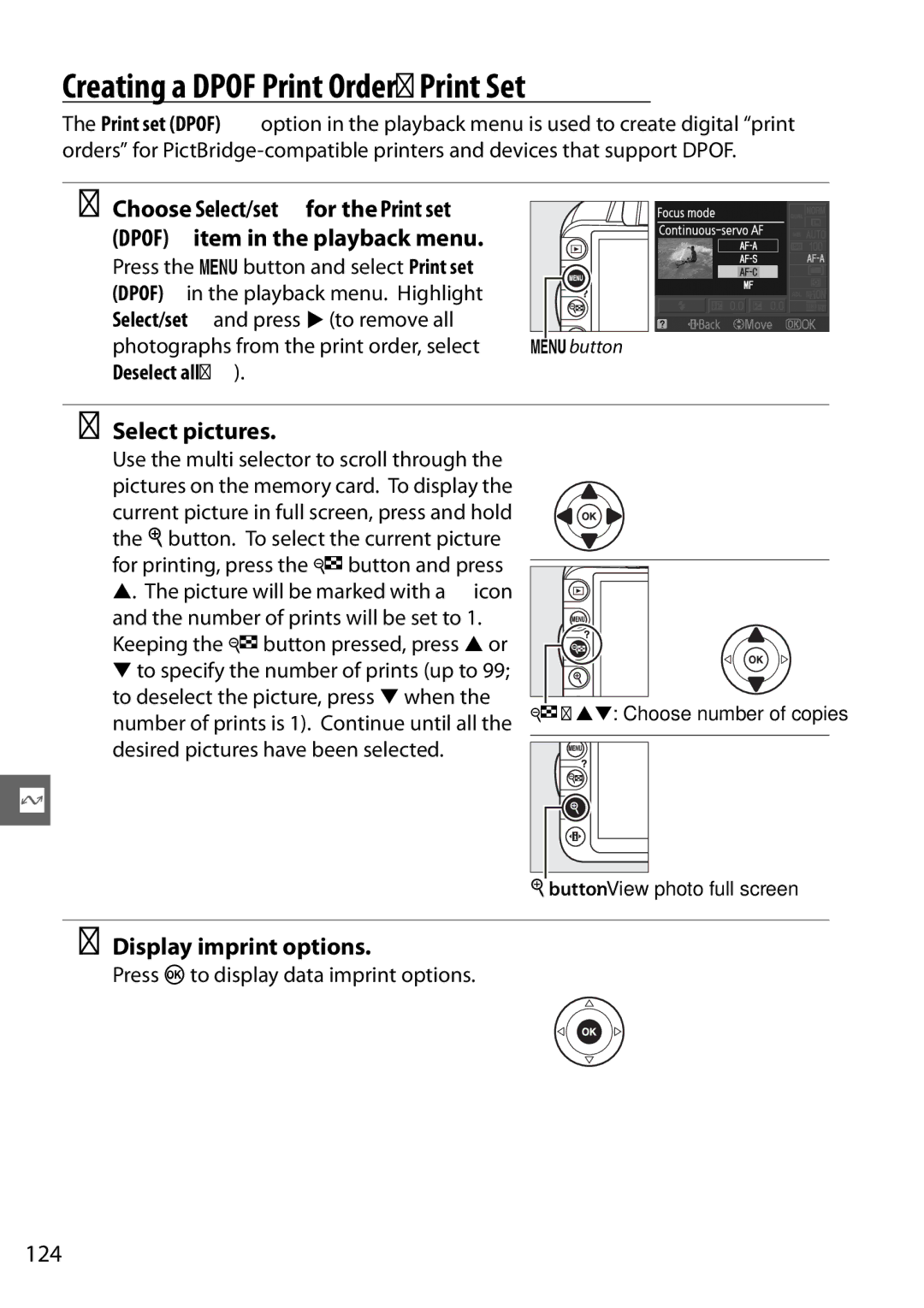 Nikon D3100 2 manual Creating a Dpof Print Order Print Set, Select pictures, Display imprint options, 124 