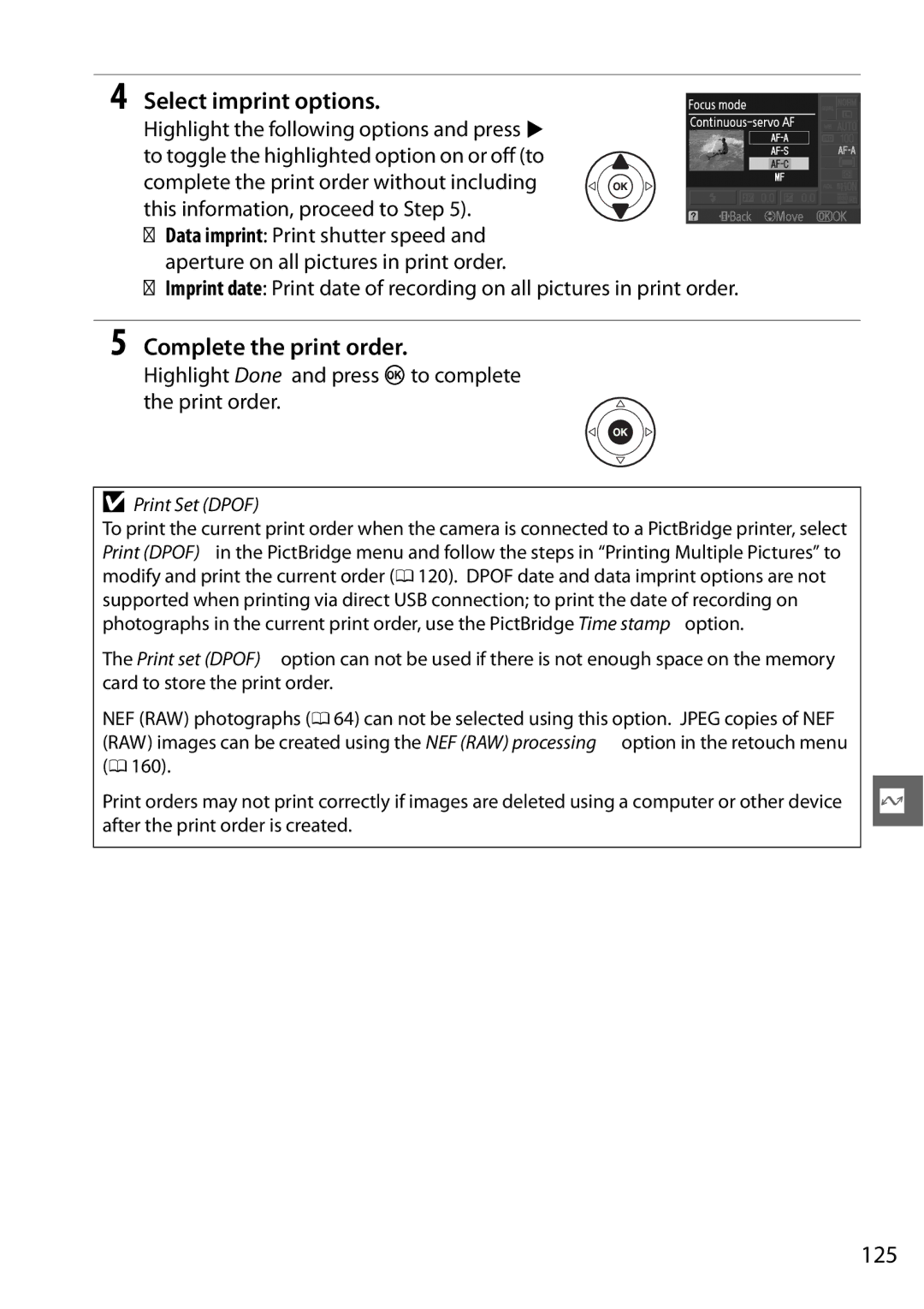 Nikon D3100 2 manual Select imprint options, Complete the print order, 125 